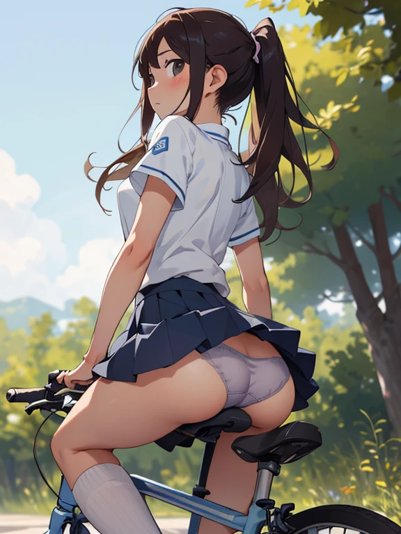 masuter piece、An ultra-high picture quality、32K、Realistic Bicycle、High school girl riding a bicycle、resting on the saddle、butt touching the saddle、Angle from below、((My butt digs into the saddlerj))(Focus on the buttocks)、(up skirt)、(Panties are visible)、(Realistic butt)、(Ultra-detailed panties)、Sexy body、Realistic body