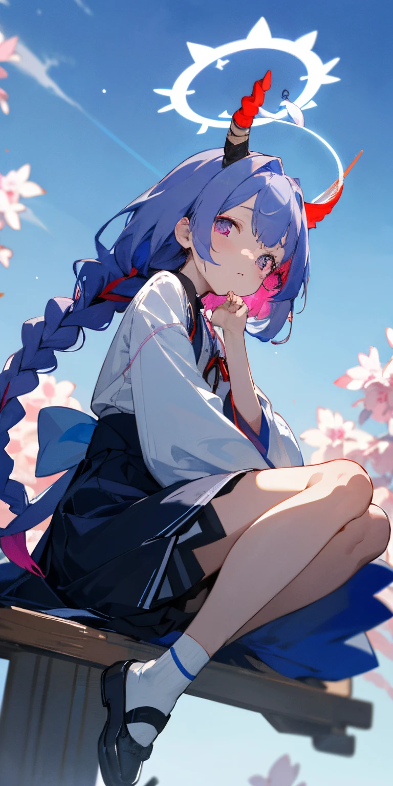 Masterpiece, HD, Waraku Chise, Blue Archive, 1 girl, blue sky halo, Cute, cofused expression, innocent eyes, magenta eyes, blue sky hair, 2 Braided hair behind, Bangs, 2 red horn, Jasmine hairpin, short white and blue yukata, black sock, white Japanese shoes, beautiful, night sky background, Moonlight, High Resolution.