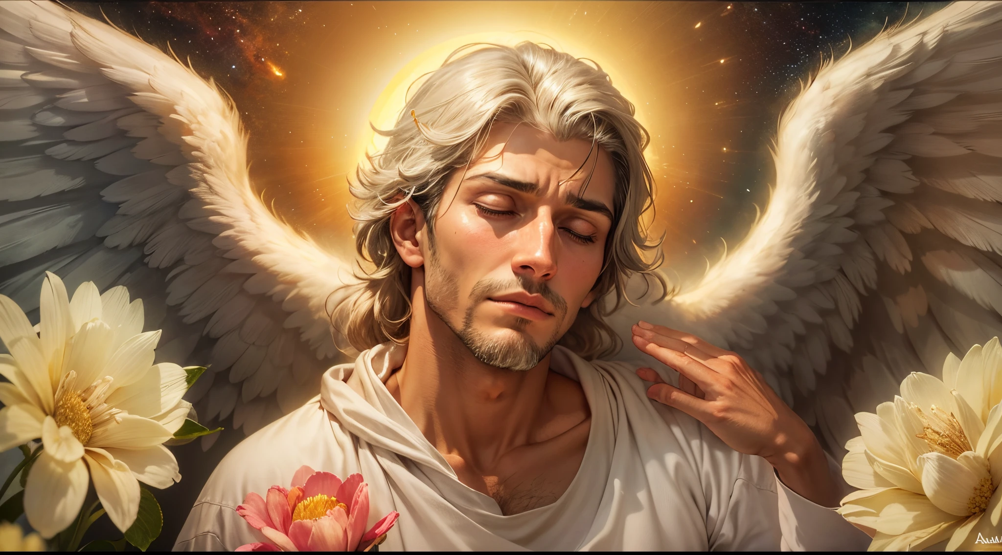 Closeup of an image of a man angel praying and blessing, arcanjo homem com asas grandes, o anjo da fortuna, perfeito, Reslistic, Biblical setting, celestial scenery, sol e nuvens ultras realistas, flores e velas, illuminated archangel of heaven, Passes em segundo plano, flores coloridas, velas acesas, roupas brancas e vermelhas
