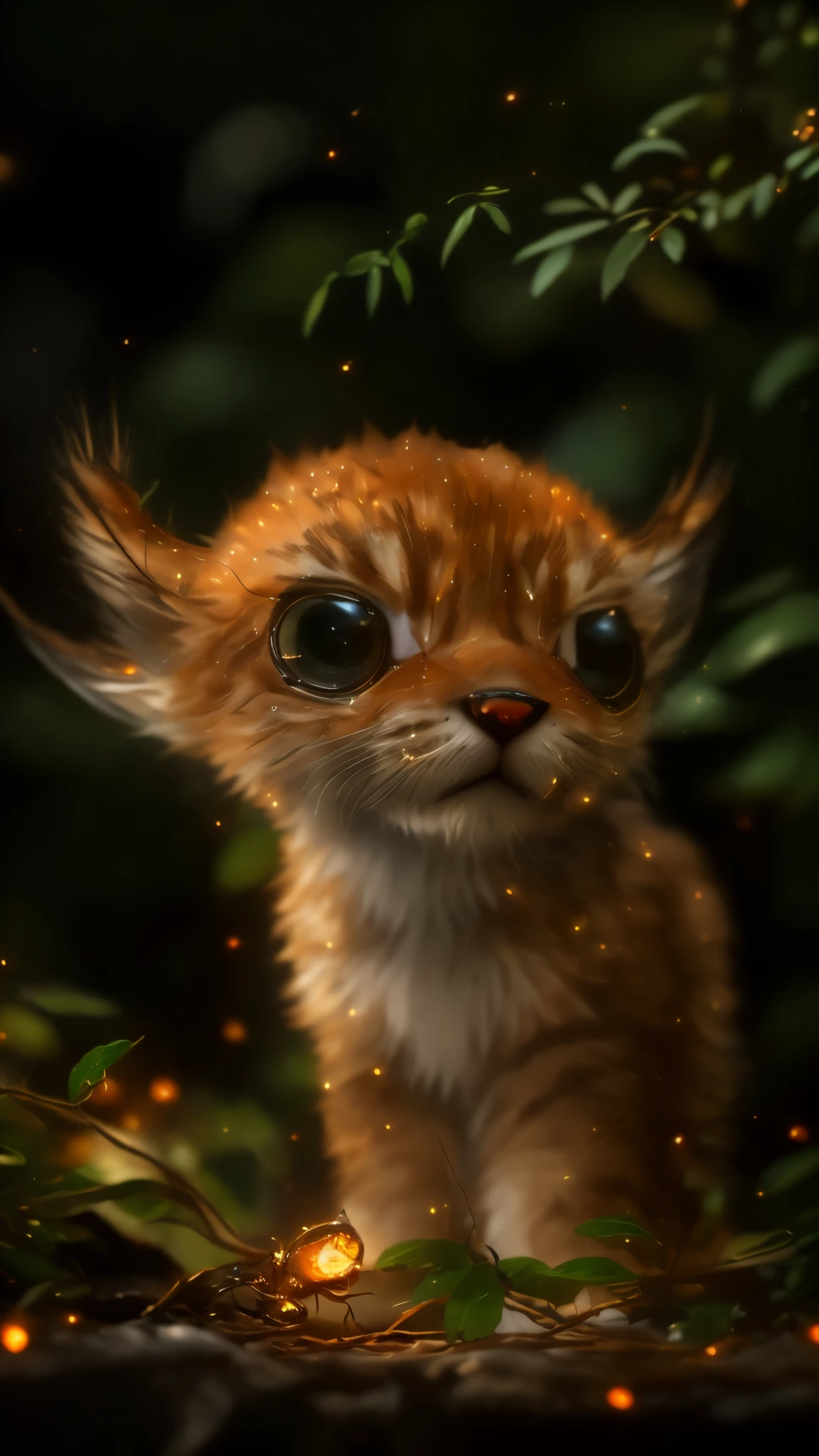 close-up of a Canadian lynx kitten, cute little fireflies, illuminating the bush, detailed picture, cgsociety, detailed painting, artstation hd, higly detailed, cgsociety, photo realism, ConceptArt, artstation hd, official arts, bokeh