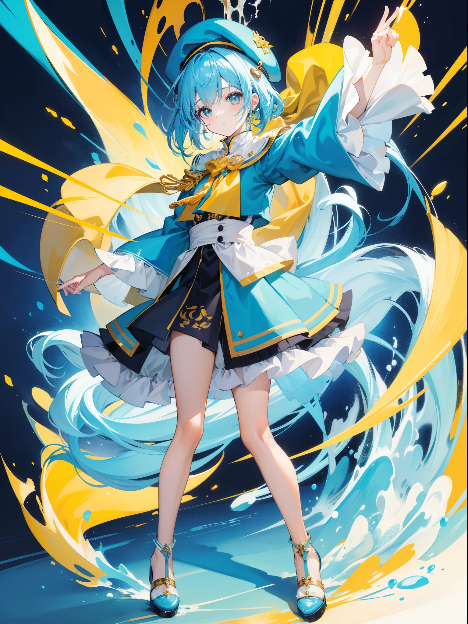 (hoang lap,hight resolution,ultra - detailed),1girll,yellow, Blue, theme colors,Royal sister,Yellow beret,long-sleeve,White Puff Sleeves,Light blue hair color,full body standing painting,Lori