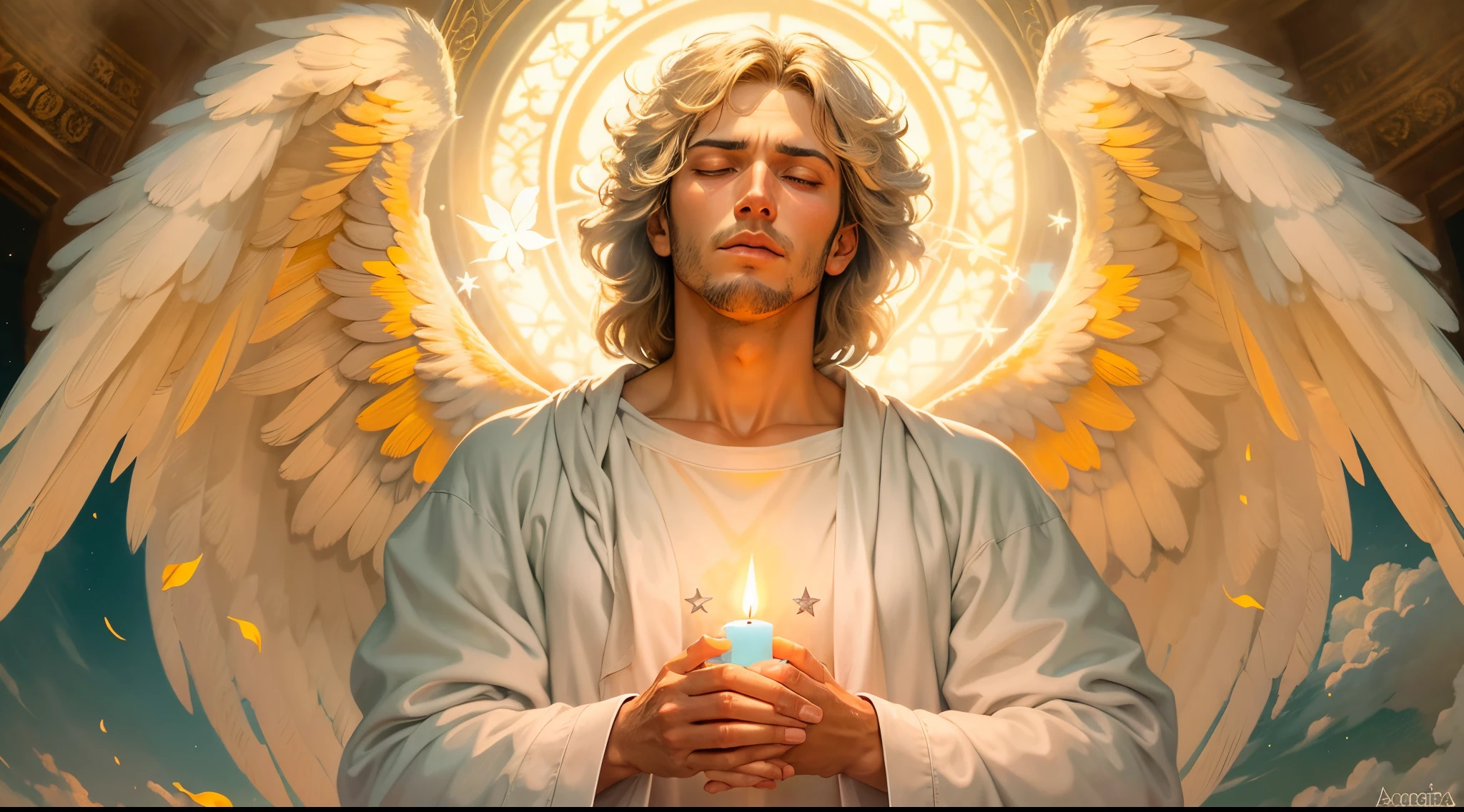 Closeup of an image of a man angel praying and blessing, arcanjo homem com asas grandes, o anjo da fortuna, perfeito, Reslistic, Biblical setting, celestial scenery, sol e nuvens ultras realistas, flores e velas, illuminated archangel of heaven, Passes em segundo plano, flores coloridas, velas acesas, roupas brancas e vermelhas