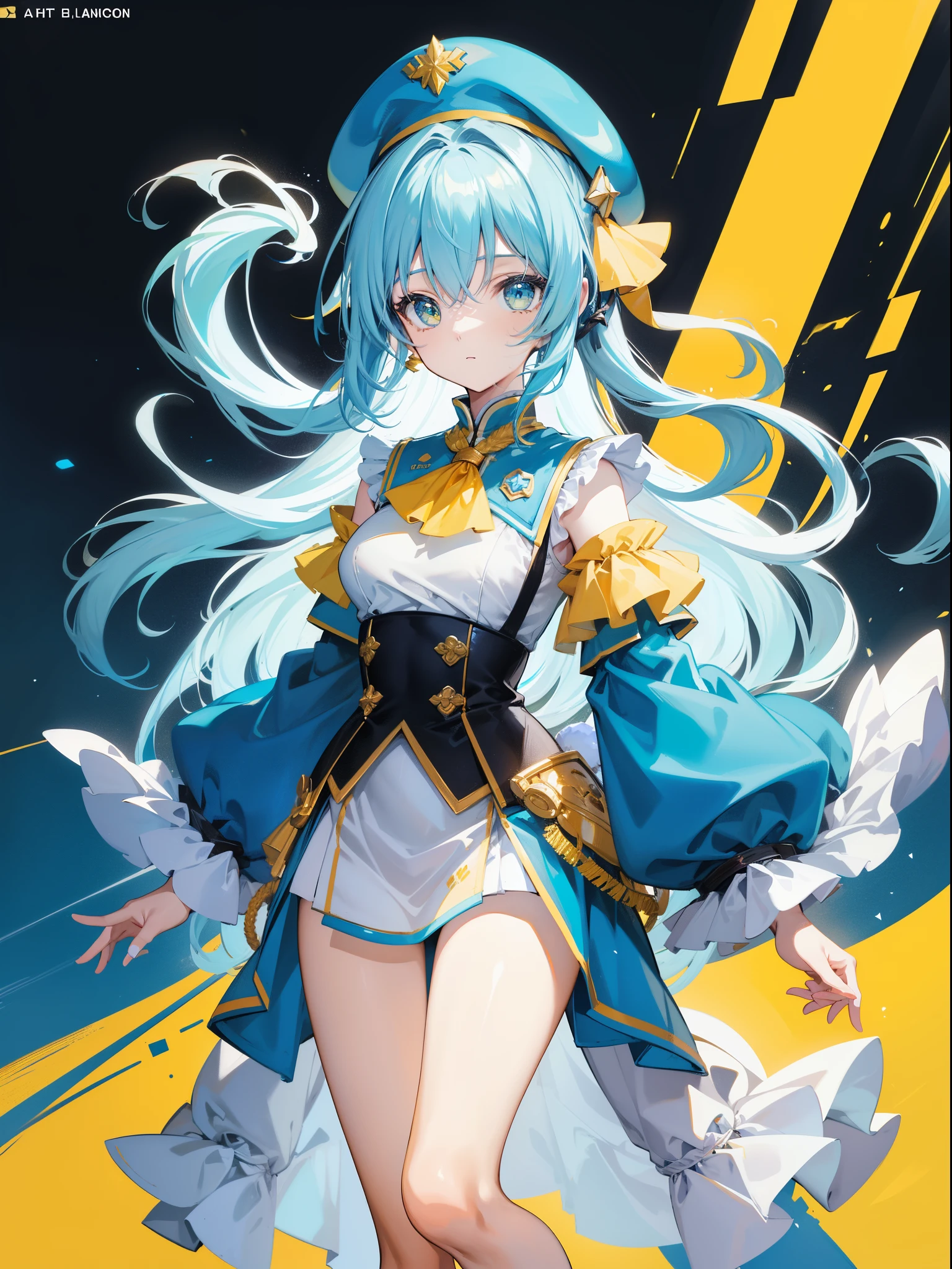 （hoang lap，hight resolution，ultra - detailed），1girll，yellow, Blue, theme colors，Royal sister，Yellow beret，long-sleeve，White Puff Sleeves，Light blue hair color，full body standing painting，Lori