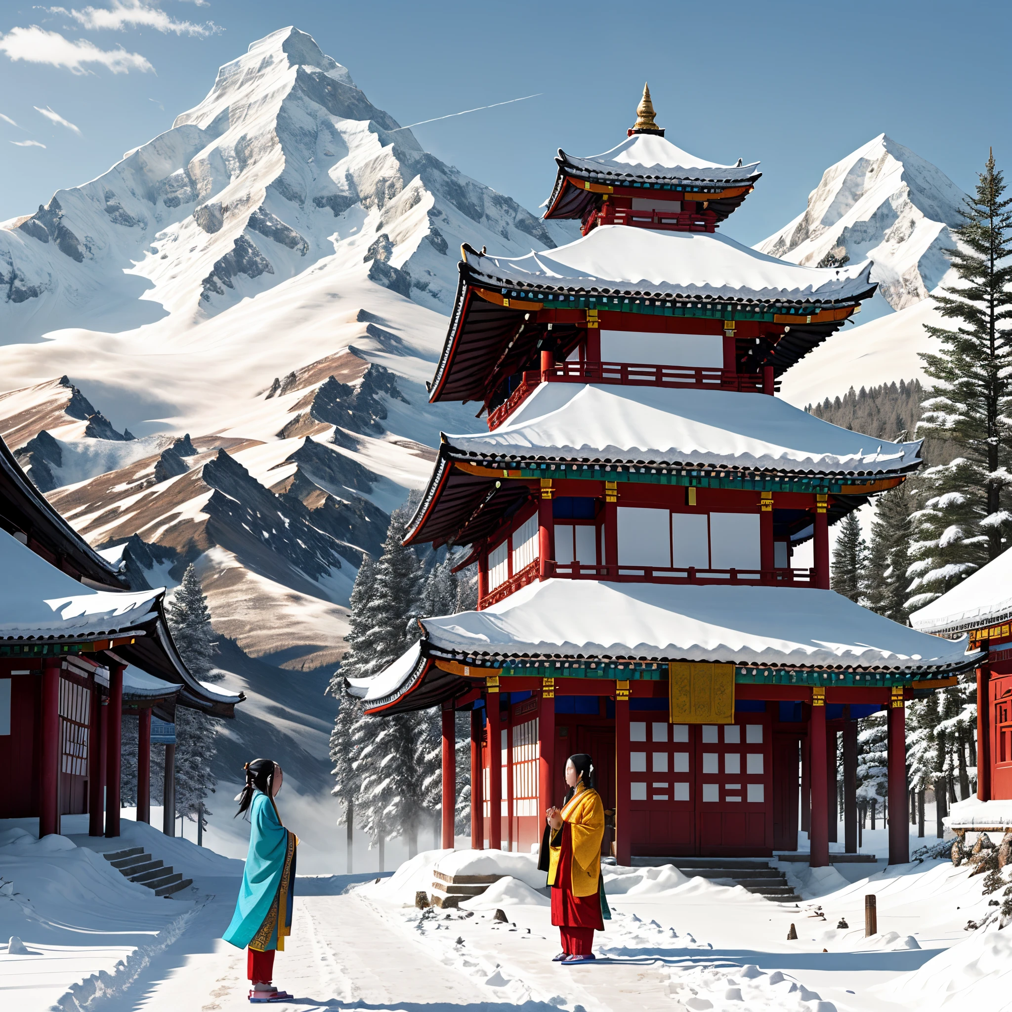 A girl wearing a Tibetan robe is standing on the left,She looked at the rolling snow-capped mountains in the distance。There is a Tibetan temple on the top of the snow mountain on the far right,There are colorful flags flying next to the temple