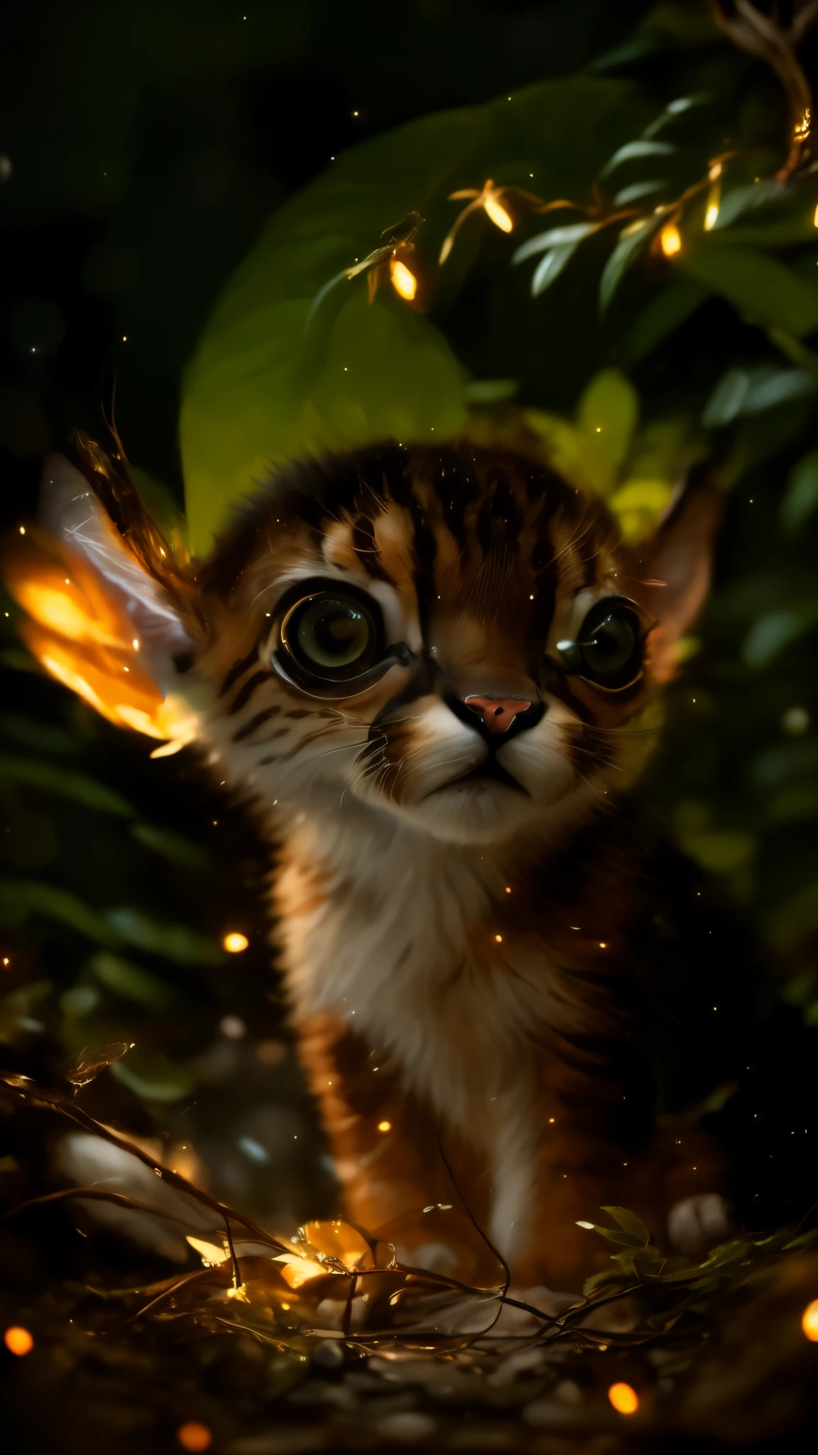 close-up of a puma kitten, mountain lion kitten, cute little fireflies, illuminating the bush, detailed picture, cgsociety, detailed painting, artstation hd, higly detailed, cgsociety, photo realism, ConceptArt, artstation hd, official arts, bokeh