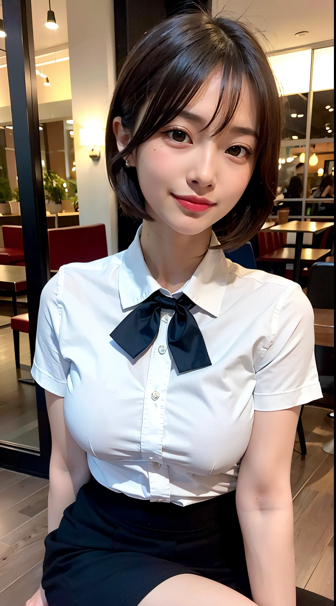 (8K, Raw photo, Best Quality, masutepiece:1.2), (Realistic, Photorealsitic:1.37), Ultra-detailed, 1 girl,Cute, Solo,Beautiful detailed sky,Detailed Cafe,Night,Sitting,Dating,(nose blush),(lightsmile:1.1), medium breasts,Beautiful detailed eyes,(Collared shirt:1.1), bowtie,Pleated skirt,(Short hair:1.2),Floating hair、Black shirt