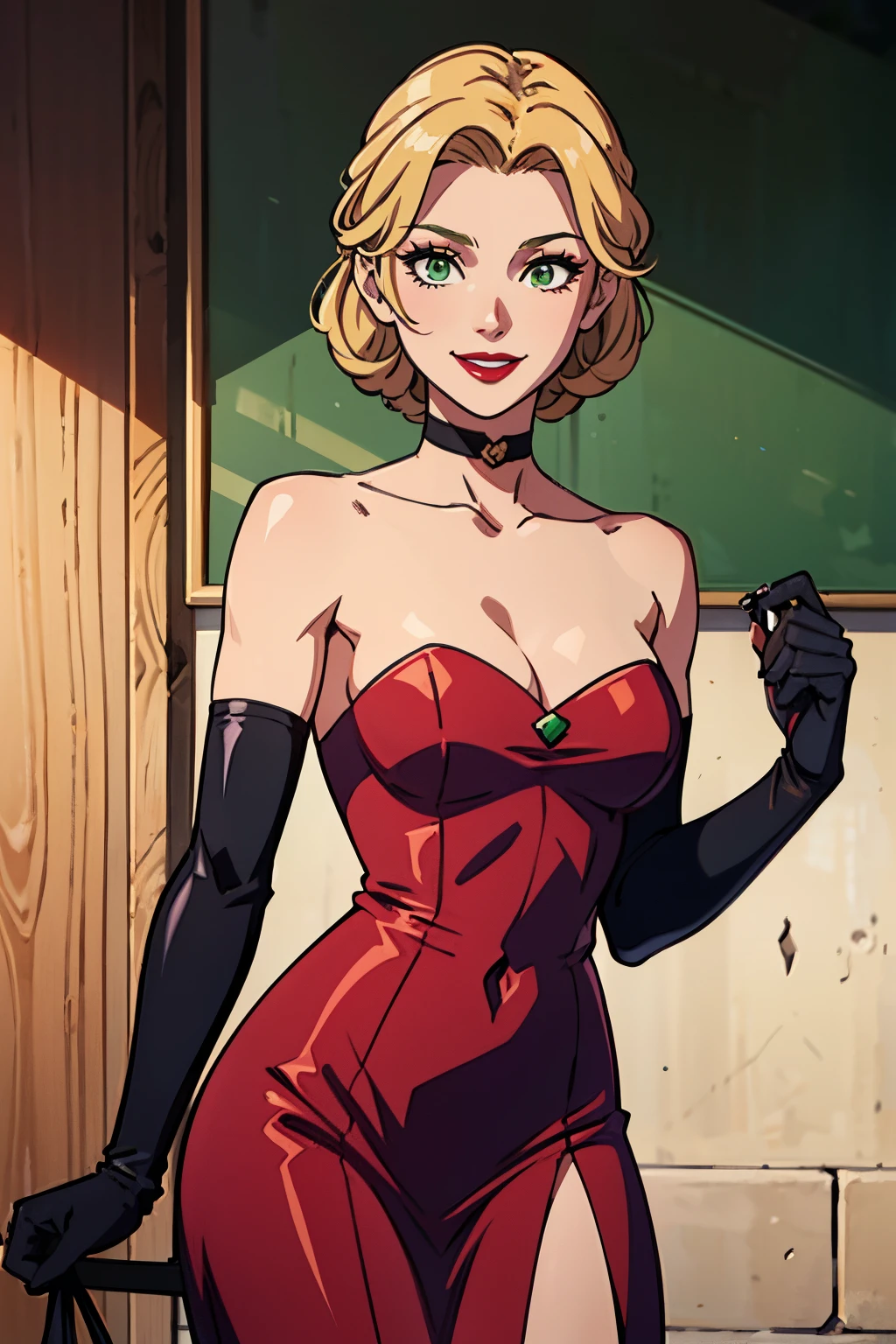 ingrid_timeskip, green eyes, red dress, strapless dress, long white elbow gloves, smile, light red lipstick, dark purple eye shadow, makeup, black choker, cowboy shot