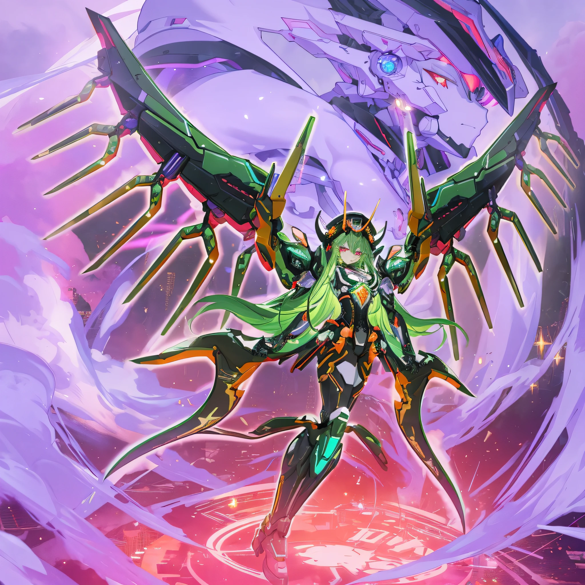 tmasterpiece,Best quality at best,ultra - detailed,very detailed illustration,The is very detailed,Complicated details,A high resolution,super complex detail,Extremely detailed 8k CG wallpaper,cow boy shot, Caustics,Reflectors,Ray traching,Demon Theme,Starcloud,darkness aura,cyber effect, (1个Giant Breast Girl:1.4),Alone,Alone,Mecha Maiden,mechanicalparts, robotjoints,single mechanical arm, Hats, Mechanical Aura,star halo,Complex mechanical body suit, mecha corset, komono, Full A, Very long hair, hair between eye, Colorful hair, Colored inner hair, red eyes,glowing light eyes,line of sight, Random expression,Random actions, ancient japanese architecture,ponds, starrysky,skylines,Green hair