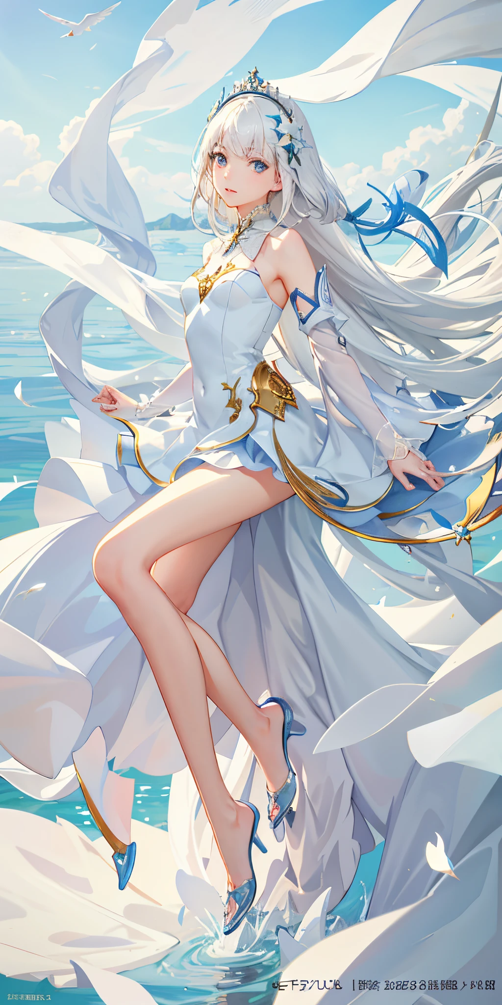 Top Quality, Full Body, High Quality Texture, Fine-grained, Realistic Expression of Face, Detailed Skin, Anime, Girl, Gentle Eyes, Sexy, Mix, Model, Illustration, Portrait, Semireal, Princess, Dress, White Dress, Fair Skin, Wind Flower, Meadow, Water Lake, Sun, Light, (Small), White Hair