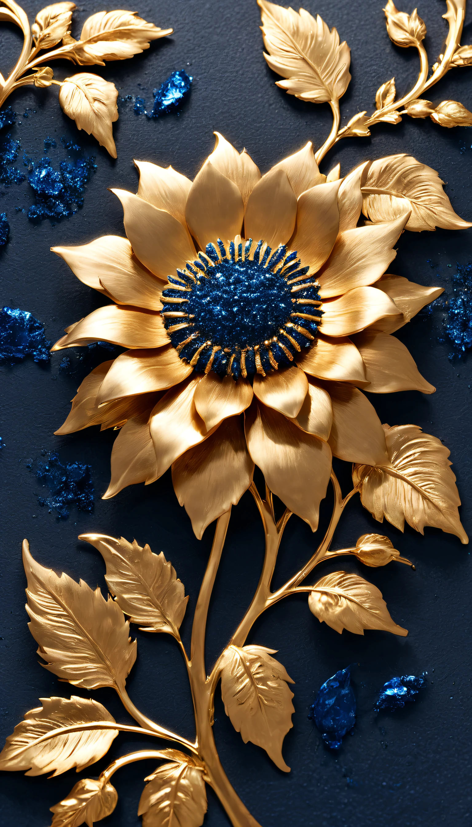 (Blue enchantress rose flower made of precious metal）, Each metallic blue enchantress flower has cascading petals， Blue spray gold sand，gilded，Rich metallic texture，they are dark blue，Like the night sky and the deep sea，Has an attractive metallic luster，leaves made of platinum，（petals made of gold and black gold：1.37），The edges of the petals are brushed metal, (Gold-plated embossing: 1.37), golden sunflower flower, golden rose, flowers and gold, Gorgeous flowers,intricate flowers, Messy golden leaf flowers, 16k,baroque element, Capturing light and shadow，Give people a kind of tenacious growth、Unyielding emotional life background：Rock texture，