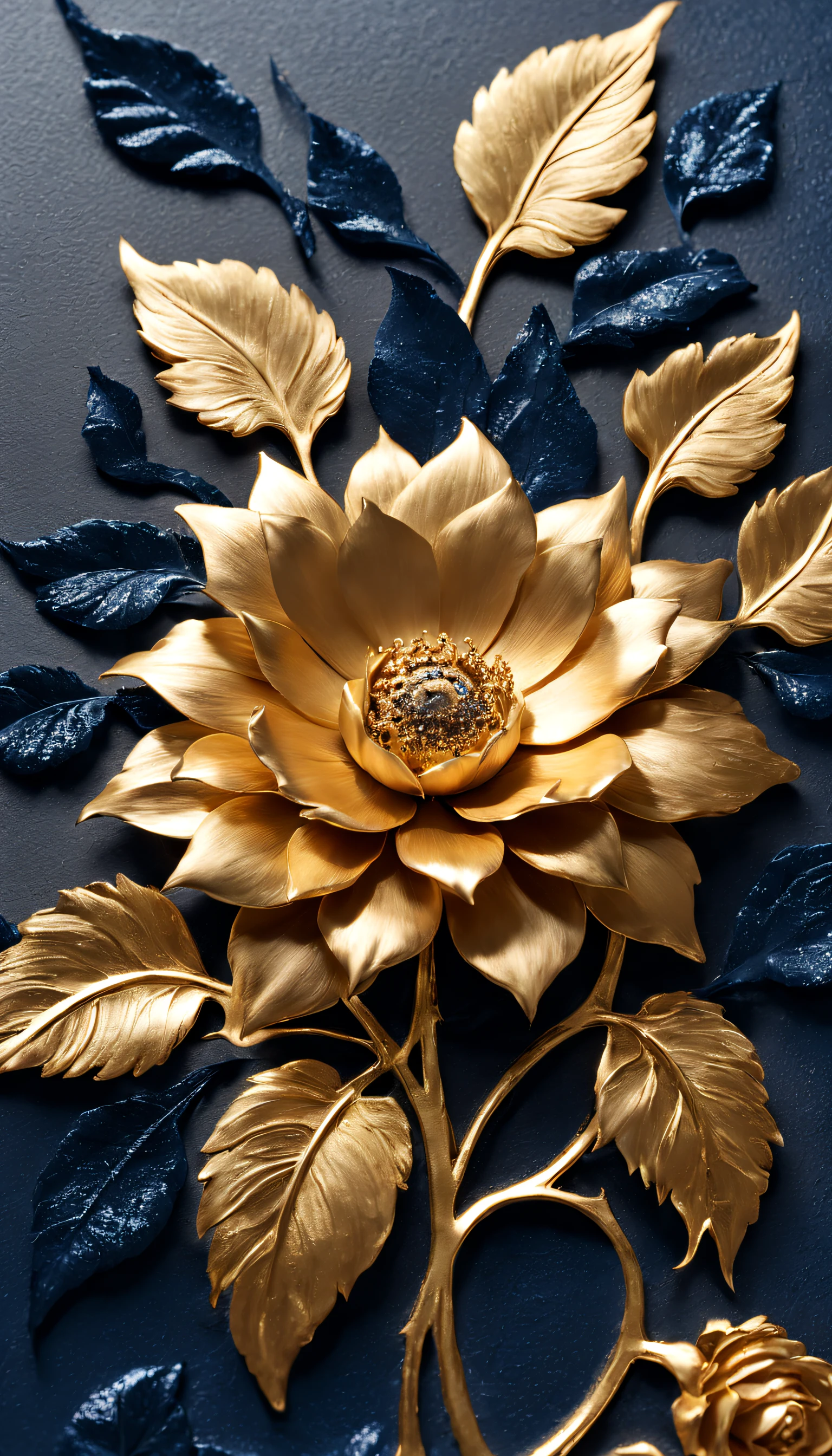 (Blue enchantress rose flower made of precious metal）, Each metallic blue enchantress flower has cascading petals， Blue spray gold sand，gilded，Rich metallic texture，they are dark blue，Like the night sky and the deep sea，Has an attractive metallic luster，leaves made of platinum，（petals made of gold and black gold：1.37），The edges of the petals are brushed metal, (Gold-plated embossing: 1.37), golden sunflower flower, golden rose, flowers and gold, Gorgeous flowers,intricate flowers, Messy golden leaf flowers, 16k,baroque element, Capturing light and shadow，Give people a kind of tenacious growth、Unyielding emotional life background：Rock texture，