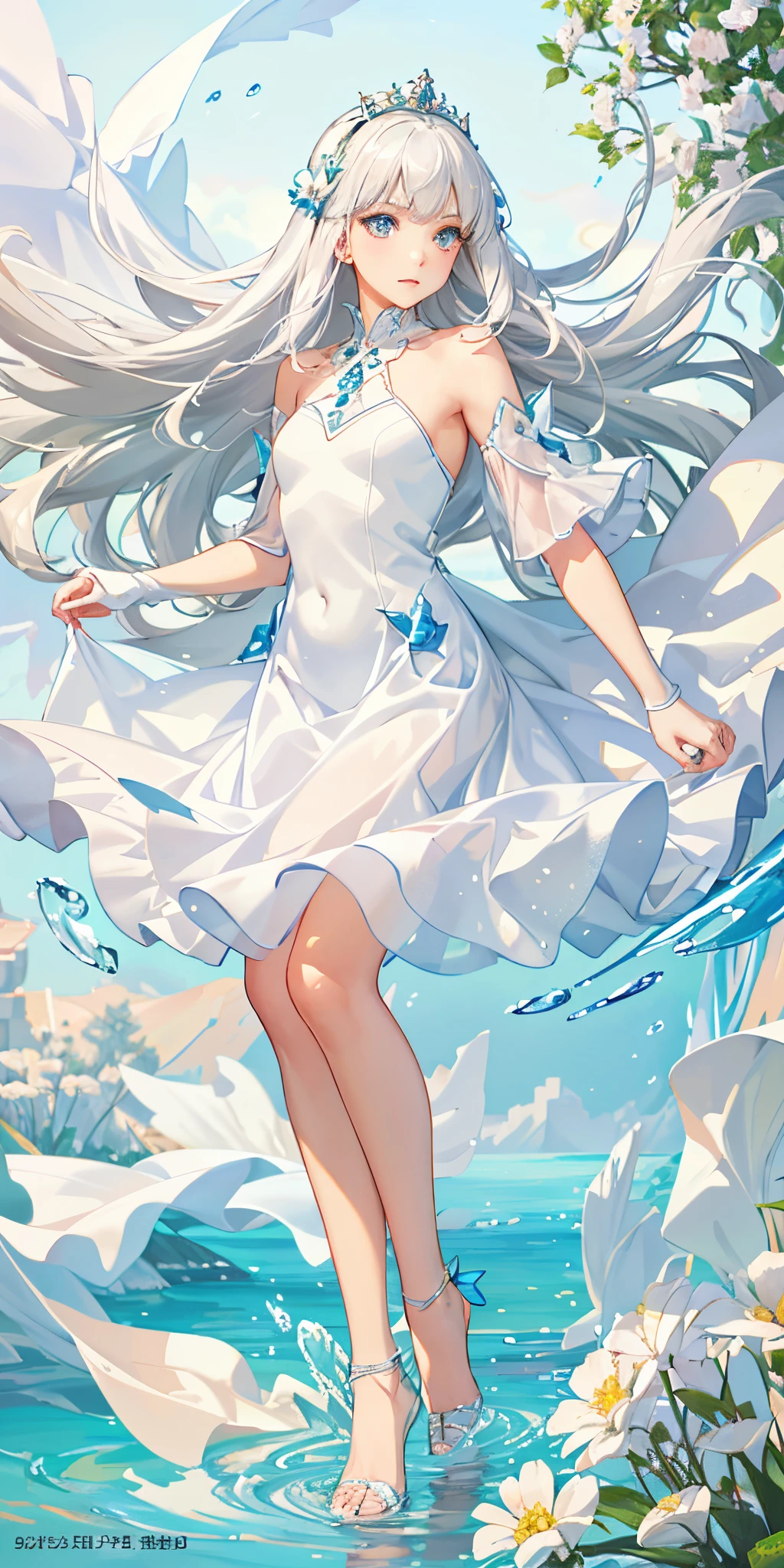 Top Quality, Full Body, High Quality Texture, Fine-grained, Realistic Expression of Face, Detailed Skin, Anime, Girl, Gentle Eyes, Sexy, Mix, Model, Illustration, Portrait, Semireal, Princess, Dress, White Dress, Fair Skin, Wind Flower, Meadow, Water Lake, Sun, Light, (Small), White Hair