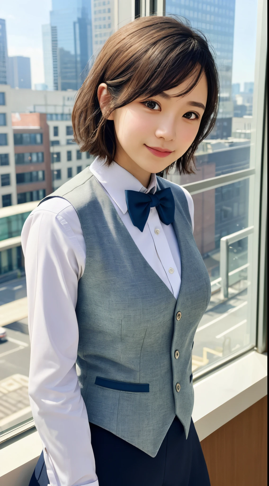 1girl, matured female, vest, bow, photo, realistic, best quality, hires, detailed face, office, buildings from window, detailed background, diffused sunlight, depth of field, bokeh