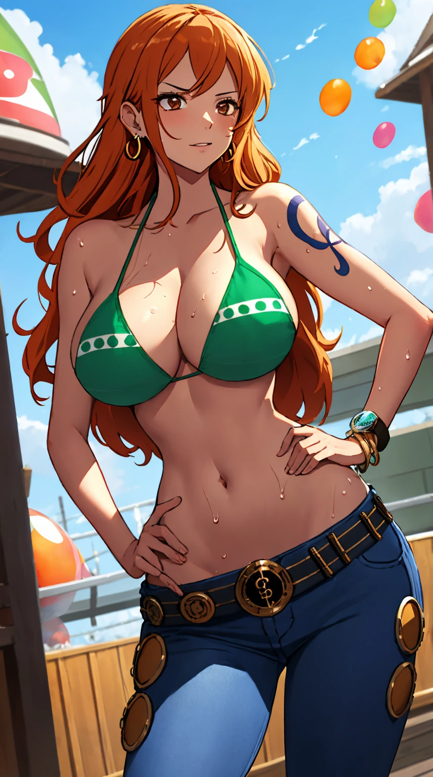 nami \(one piece\), 1girl, bangle, bangs, bare shoulders, belt, bikini, bikini top only, bracelet, breasts, brown eyes, bubble, cleavage, denim, earrings, floating hair, green belt, green bikini, groin, jeans, jewelry, (large breasts:1.9), (big breast:1.3), long hair, looking at own body, navel, orange hair, pants, shoulder tattoo, sidelocks, sky, smile, solo, stomach, swimsuit, tattoo, angry, (hand on hips:1.4), (sweaty:1,2), shy, flusttered, (((masterpiece))), nipples visible through bikini