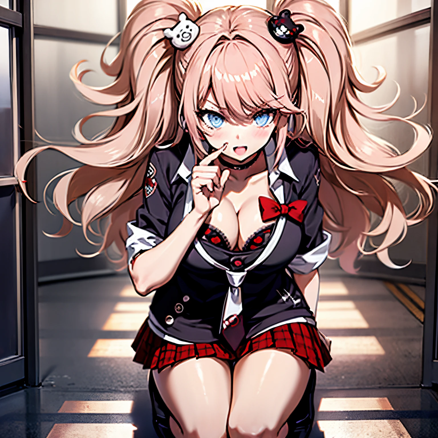 Junko Enoshima, pink gold long hair, 1girl in, Twin-tailed, 独奏, blue eyess,, bangss, bear hair ornament, (red claw), Red ribbons, Black shirt, undergarment, a choker, Black bra, cleavage of the breast, 鎖骨, Rolled up sleeves, white necktie, Red skirt with pleated plaid pattern, (student clothes), Black Cross Lace Knee Boots, Glossy, shinny hair, School scenery, school hallway, School windows, Tsundere、kawaii、get angry、get blush、Opening Mouth、a school bag、Beautiful hands、forefinger、Five Fingers、(Toenails)、(red claw), free pose