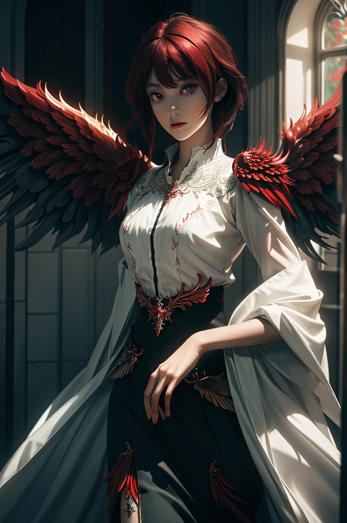 (extremely detailed CG unity 8k wallpaper,masterpiece, best quality, ultra-detailed, beautiful detailed eyes:1.2),best illumination, (best shadow, an extremely delicate and beautiful, bloom),
1gril,solo,red eyes,Heavy armor,short hair,holding sword,Angel wings,black wings,red jewelry,(big wings:1.4),Film filter,Satan, Hellfire,full body,demon,flame,