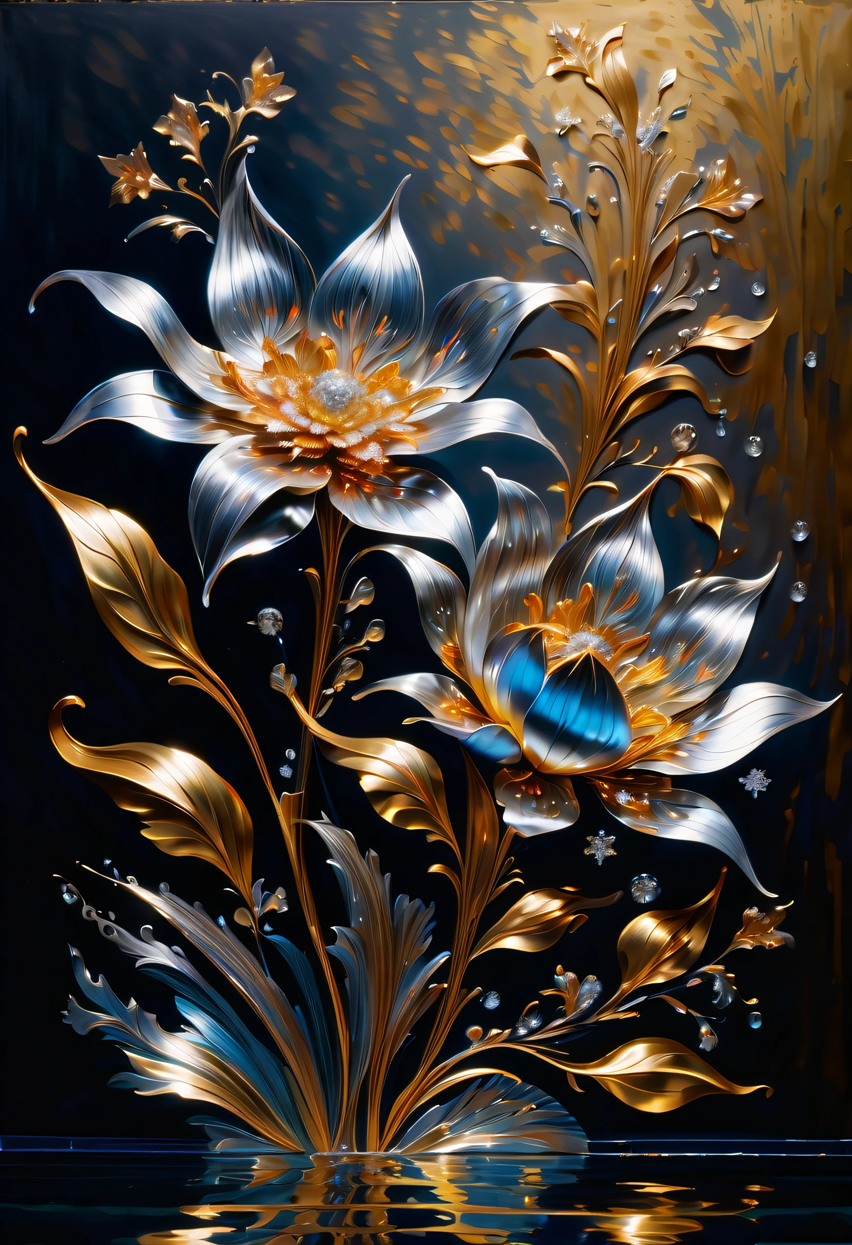 stunning oil painting of a mythical vibrant ornamentation flowers, steel coating silver and gold metallic_flower, in large aquarium, breathtaking contrast of light and shadow, glisten under a complex glow, mesmerizing glow that highlights the beauty of the metallic flowers, while snowflakes fall gently from above, graceful fish swim through the water. visually stunning detailed oil painting, beautiful, photo_real paint, delicate metal flowers shining in the dappled sunlight, as metallic flowers glimmers in the sun, each petal intricately detailed and rendered with a masterful gouache technique, its beauty and strength captured in every brushstroke, (((intricate detail:1.4))), (((extremely insane detail:1.4))), (((highly quality:1.3))), ultimate level art, (((highly quality:1.3))), (((radiosity rendered in stunning 32k resolution beauty:1.3))),