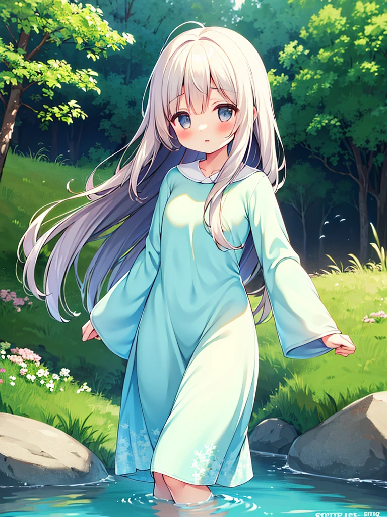 a girl in a simple dress, standing on the dock on the edge of the river, with a forest on the other side of the river, (beautiful detailed eyes,beautiful detailed lips,longeyelashes), [soft lighting], [realistic], [vivid colors], [fine brush strokes], [oil paint], [highres], [photorealistic], (best quality,4k,8k,masterpiece:1.2), [peaceful atmosphere], [calm water], [tranquil], [gentle breeze], [natural surroundings], [serene landscape], [harmony], [soft colors], [subtle reflection], [quiet moment], [serenity].
