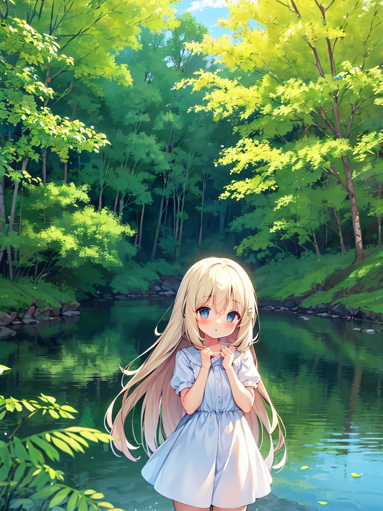 a girl in a simple dress, standing on the dock on the edge of the river, with a forest on the other side of the river, (beautiful detailed eyes,beautiful detailed lips,longeyelashes), [soft lighting], [realistic], [vivid colors], [fine brush strokes], [oil paint], [highres], [photorealistic], (best quality,4k,8k,masterpiece:1.2), [peaceful atmosphere], [calm water], [tranquil], [gentle breeze], [natural surroundings], [serene landscape], [harmony], [soft colors], [subtle reflection], [quiet moment], [serenity].