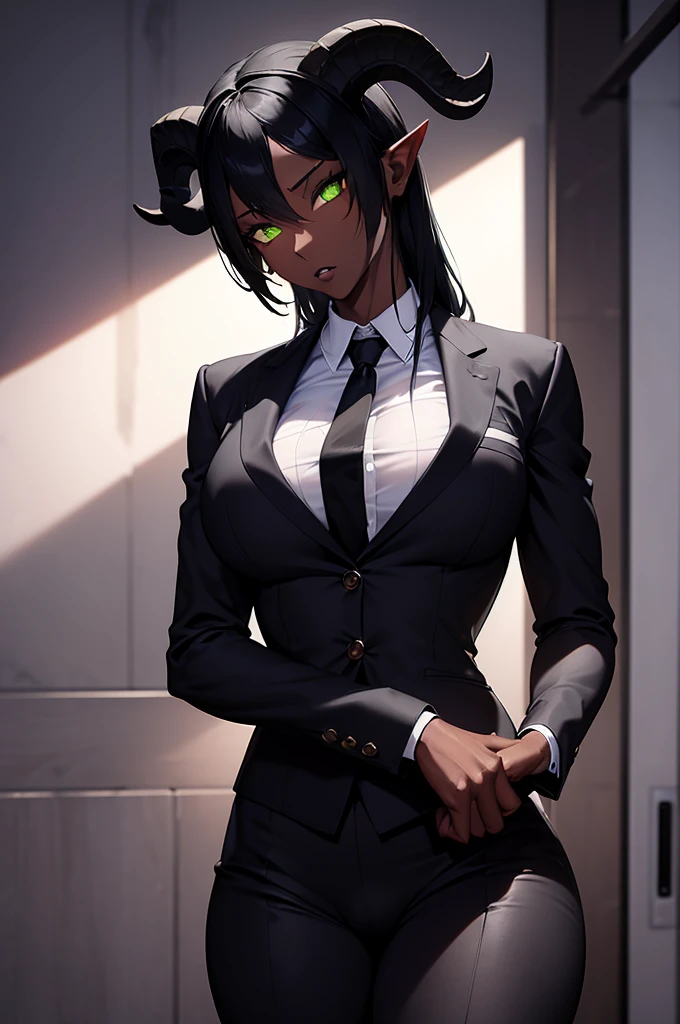 (Masterpiece) (High Detail) (High Res) (Black Skin) Looking from below A tall black humanoid girl with dark skin and ebony flesh and green eyes and short black hair and half her head shaved and goat ears and short dark goat horns and a toned body and average to small breasts and wearing a formal suit and tie with a massive bulge in her pants from her penis