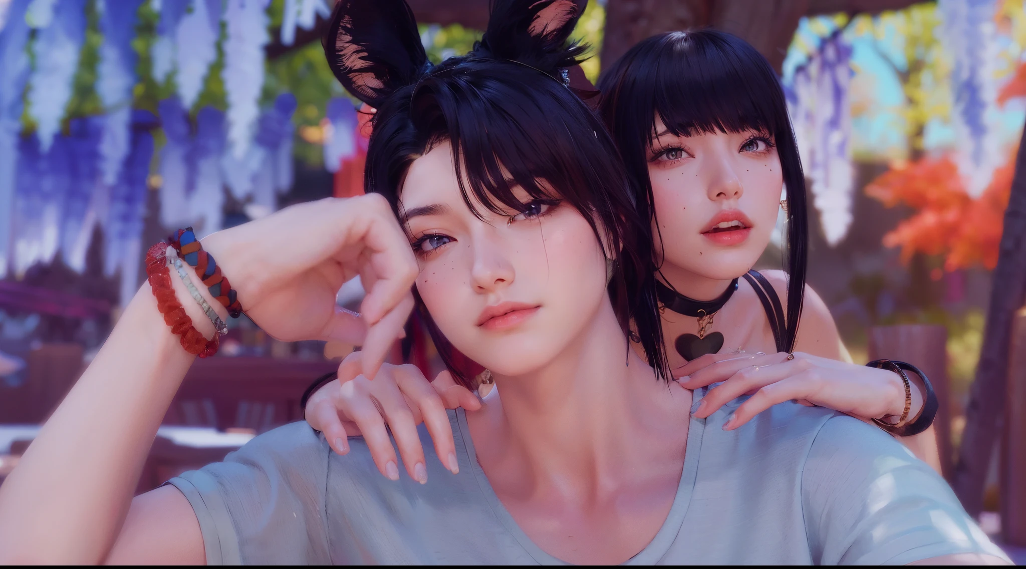 masterpiece, best quality, a woman and a man, couple, duo, black haired man, black haired girl, detailed fingers, detailed hands, detailed face, detailed lips, detailed eyes, detailed eyebrows, detailed arms, detailed hands, detailed hairs, detailed clothes, pretty face, pretty lips, pretty mouths, pretty eyes, semi realistic, pretty nose, pretty eyelids, women pointing to camera, moustache, pretty face, pretty hands, no blurs, 4k resolution, high definition image, normal skin color, girl wearing golden heart necklace, golden heart necklace, necklaces, men wearing bracelets, hdr, amazing quality, romantic, lovely, beautiful, handsome men with women, beautiful women leaning on handsome men, manly face, men wearing white shirt with women, beautiful background, romantic, couple pictures, amazing quality