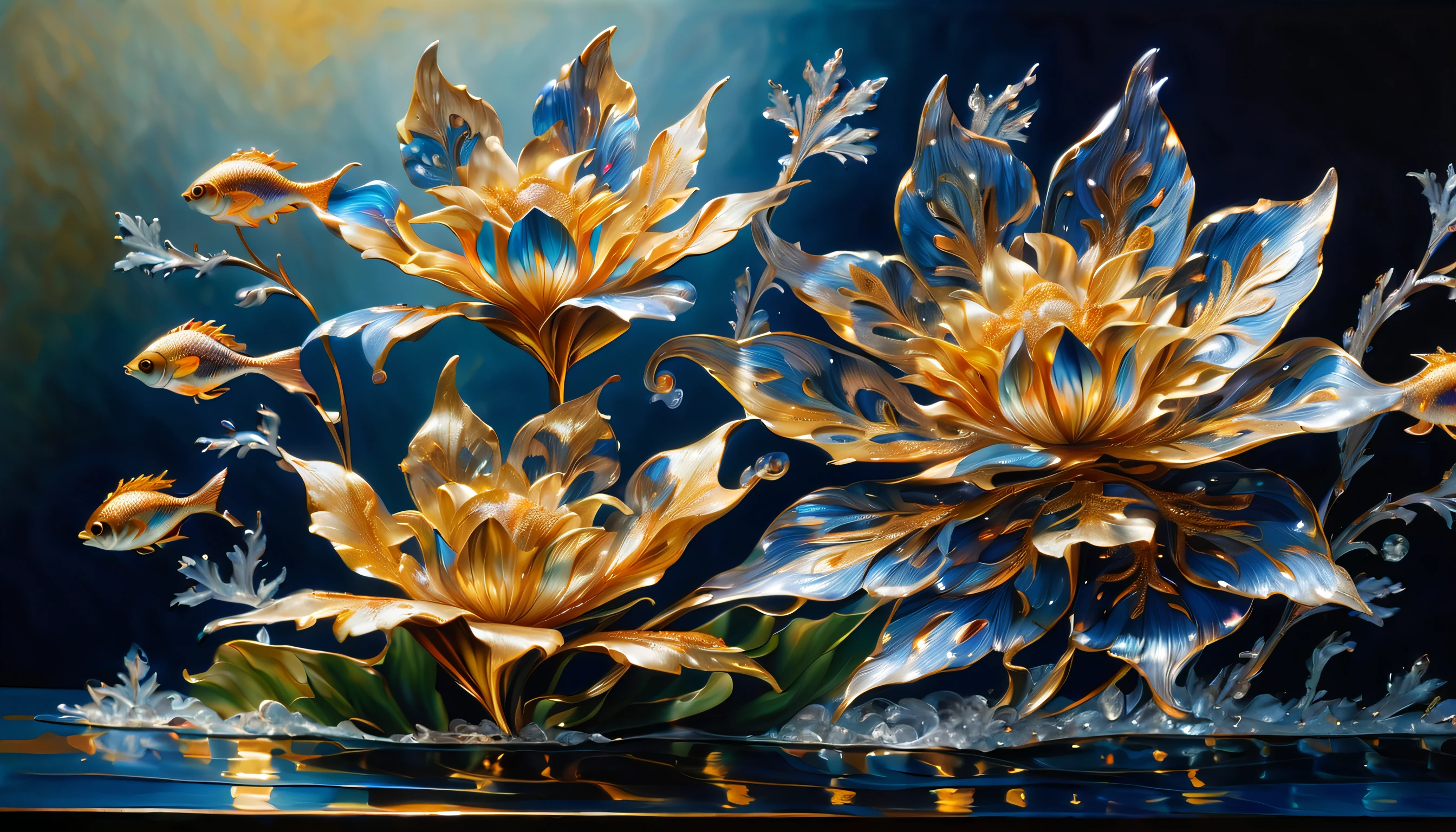 stunning oil painting of a mythical vibrant ornamentation flowers, steel coating silver and gold metallic_flower, in large aquarium, breathtaking contrast of light and shadow, glisten under a complex glow, mesmerizing glow that highlights the beauty of the metallic flowers, while snowflakes fall gently from above, graceful fish swim through the water. visually stunning detailed oil painting, beautiful, photo_real paint, delicate metal flowers shining in the dappled sunlight, as metallic flowers glimmers in the sun, each petal intricately detailed and rendered with a masterful gouache technique, its beauty and strength captured in every brushstroke, (((intricate detail:1.4))), (((extremely insane detail:1.4))), (((highly quality:1.3))), ultimate level art, (((highly quality:1.3))), (((radiosity rendered in stunning 32k resolution beauty:1.3))),