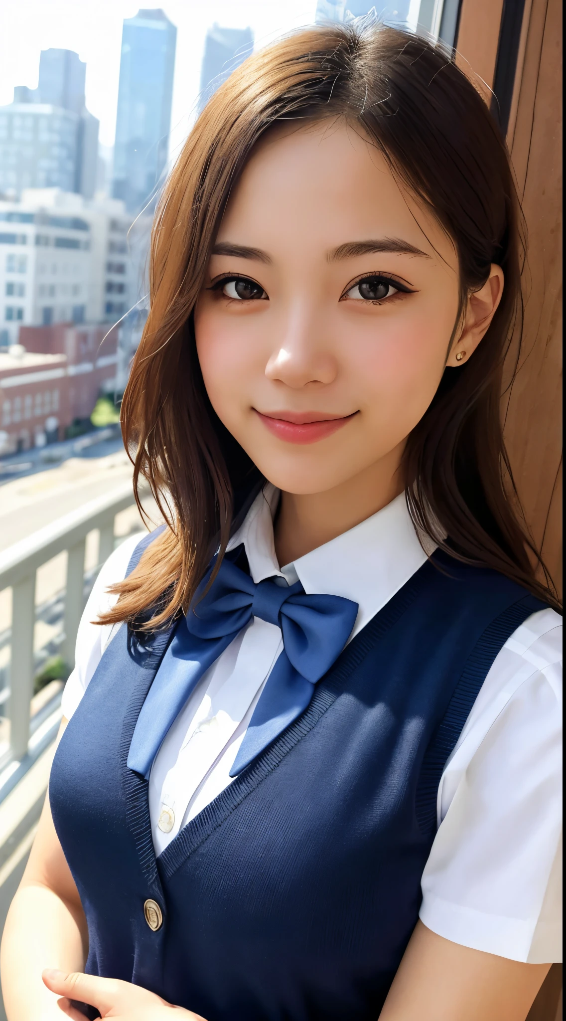 1girl, matured female, vest, bow, photo, realistic, best quality, hires, detailed face, office, buildings from window, detailed background, diffused sunlight, depth of field, bokeh
