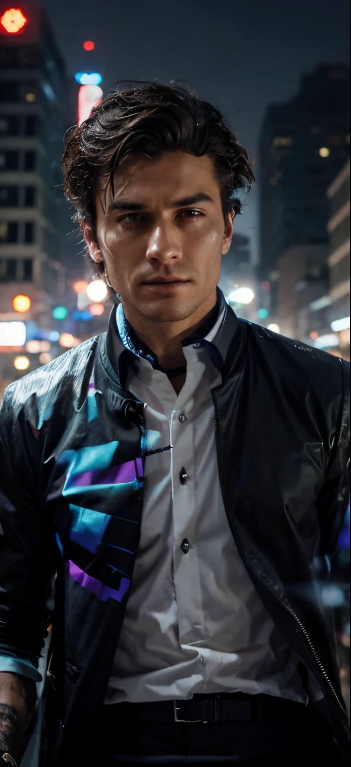 Wear me a suit with tie cyberpunk handsome, realistic face