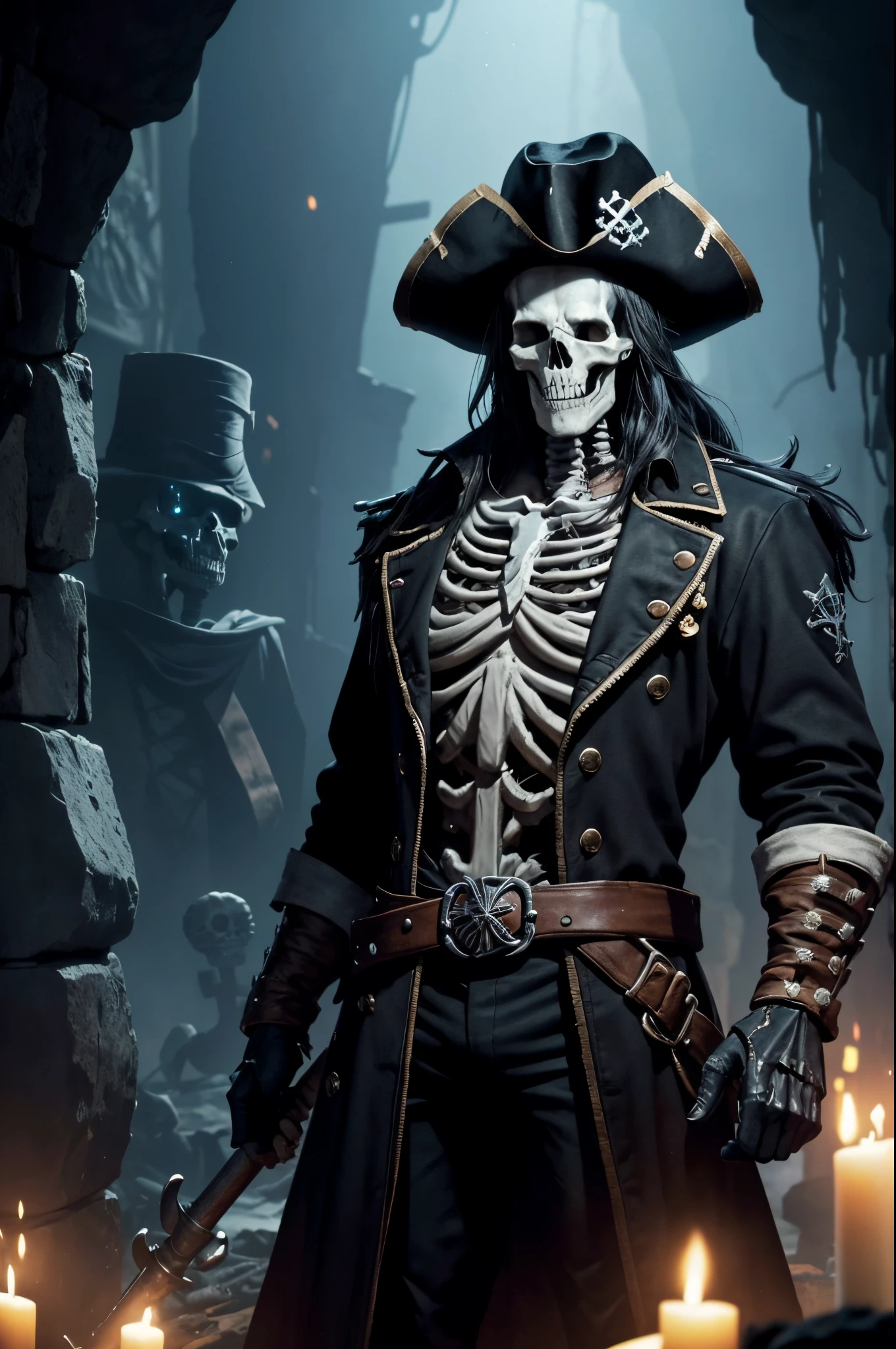 The image features a skeleton dressed as a pirate, wearing a pirate hat and a black coat. The skeleton is standing in a dark room, possibly a cave, and appears to be looking at the camera. The scene is quite eerie and captures the essence of a zombie pirate.  (controlnet_mode:canny juggernautXL_v5, sdxl-1. 0. 0. 9. safetensors, SeargeSDXL4. 1-Llama2 prompt generator)