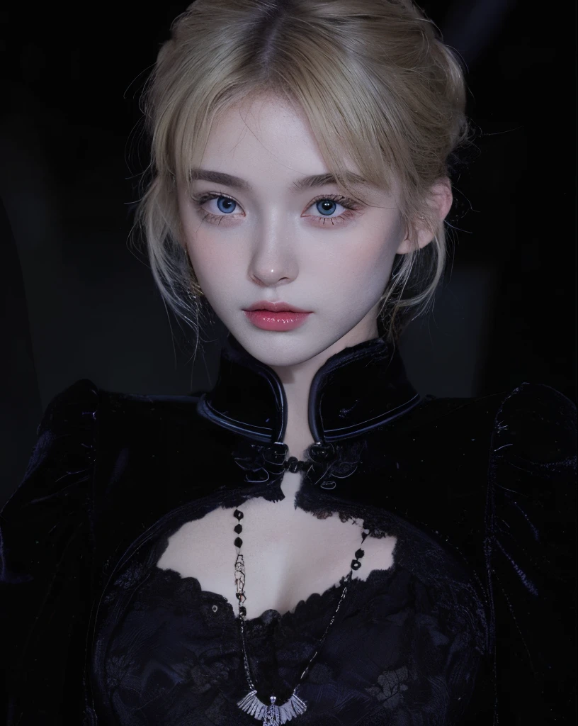 22-year-old woman、(hi-top fade:1.3)、length hair、Blue eyes、Dark theme、Soothing tones、Subdued Color、highly contrast、Colossal tits、(cleavage of the breast)、Off-the-shoulder see-through black dress、The upper part of the body、(natural skin textures、Hyper-Realism、Soft light、sharp)、(a blond)