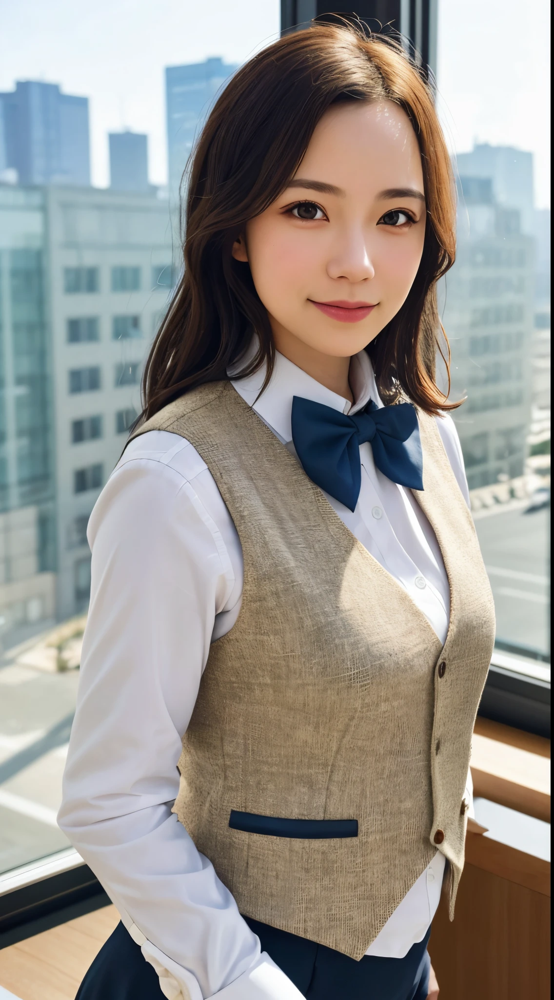 1girl, matured female, vest, bow, photo, realistic, best quality, hires, detailed face, office, buildings from window, detailed background, diffused sunlight, depth of field, bokeh