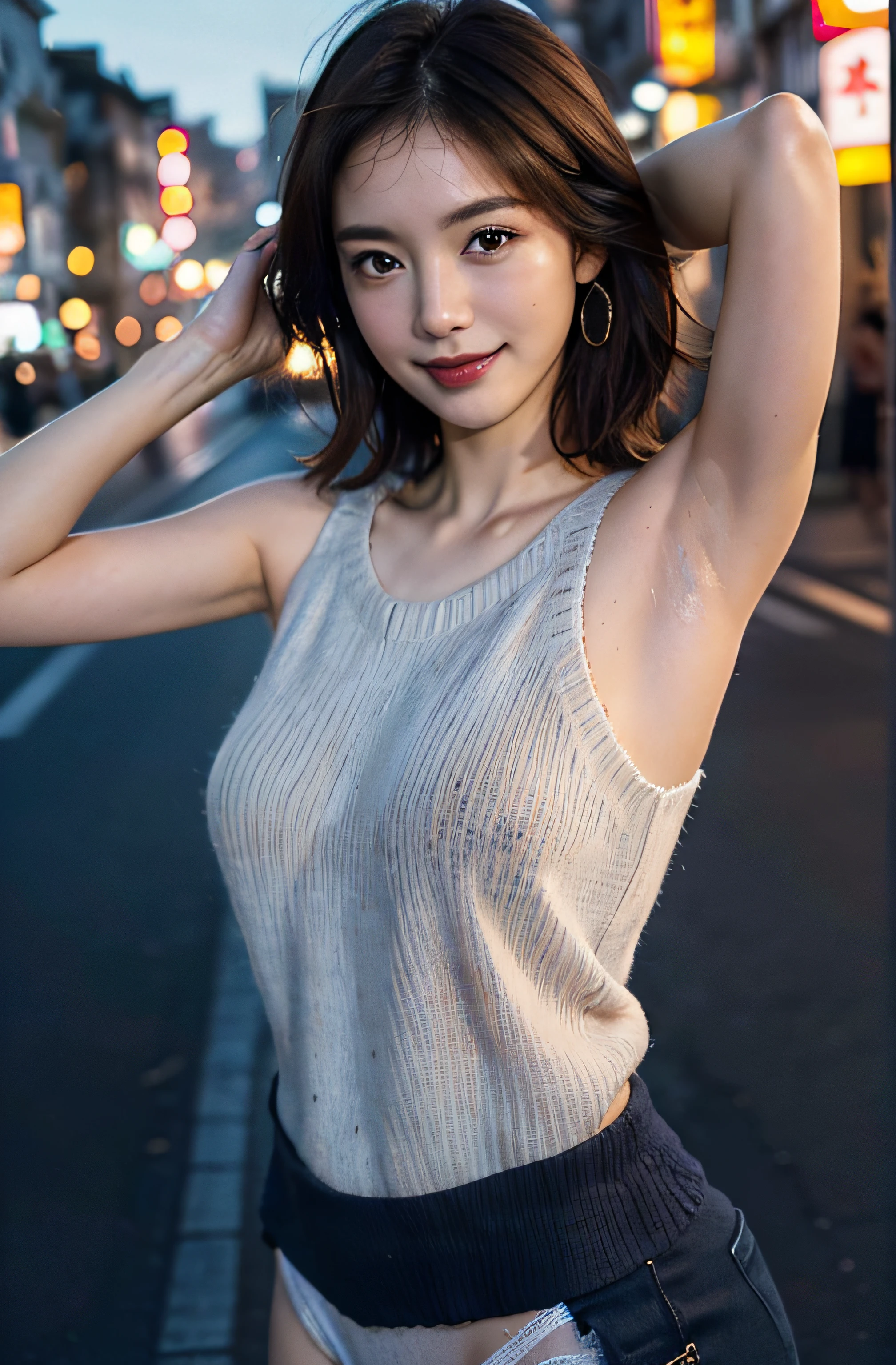 (Expose the armpits、Surreal、Armpits、Detailed armpit wrinkles、Fine pores under armpits、Realistic underarm skin、Dark skin under armpits、Darkening of the armpits、Delicate skin under armpits、I'll make you look good、Entire body facing the viewer、Exposes both armpits、White sexy panties、Standing in the city、Town、On a street), (illuminations), (A high resolution), (8K), (The is very detailed), (The best illustrations), (Underarm posture、美丽细致的眼睛), (top-quality), (ultra - detailed), (masterpiece), (the wallpaper), (Detailed faces), (A smile、((40 years old woman,Show real armpits))、Brown hair,short detailed hair,((Woman in dark blue sleeveless sweater and white sexy panties, japanes,