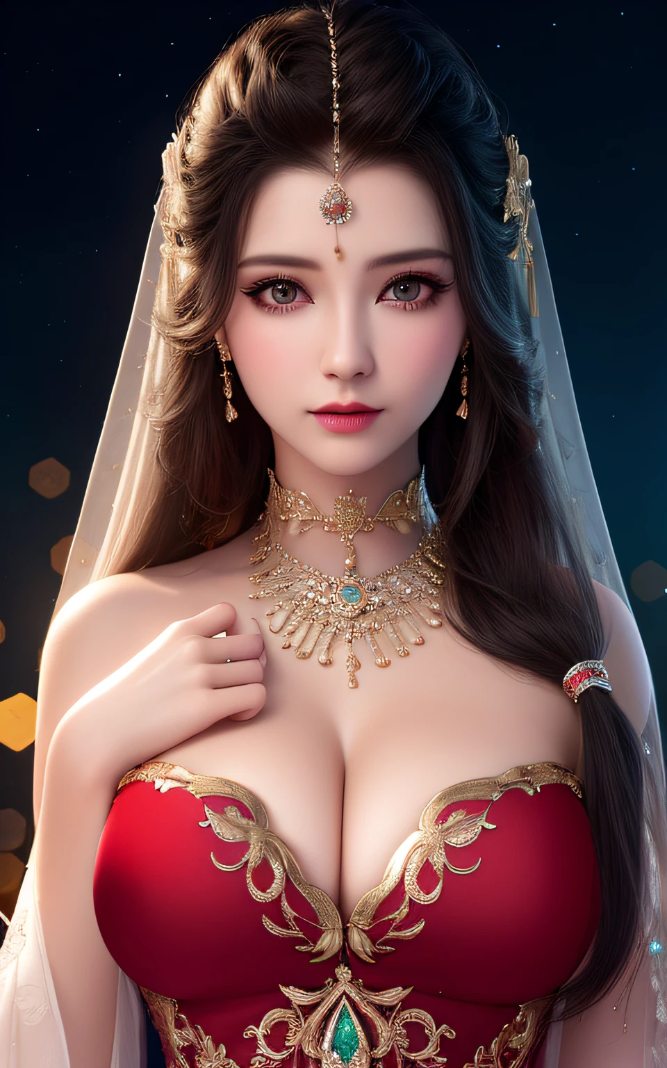 Best quality at best, tmasterpiece, A high resolution, 1个Giant Breast Girl,Chinese dress,hair adornments,choker necklace, jewely,pretty face,above_body, dingdall effect,realisticlying, dark studio, edge lit, two color lights,(highdetailskin:1.2), 8k ultra high definition, SLR camera, gentlesoftlighting, high qulity, Volumetriclighting, Frankness, photore, A high resolution, 4K, 8K, bokeh,Fairy air fluttering
