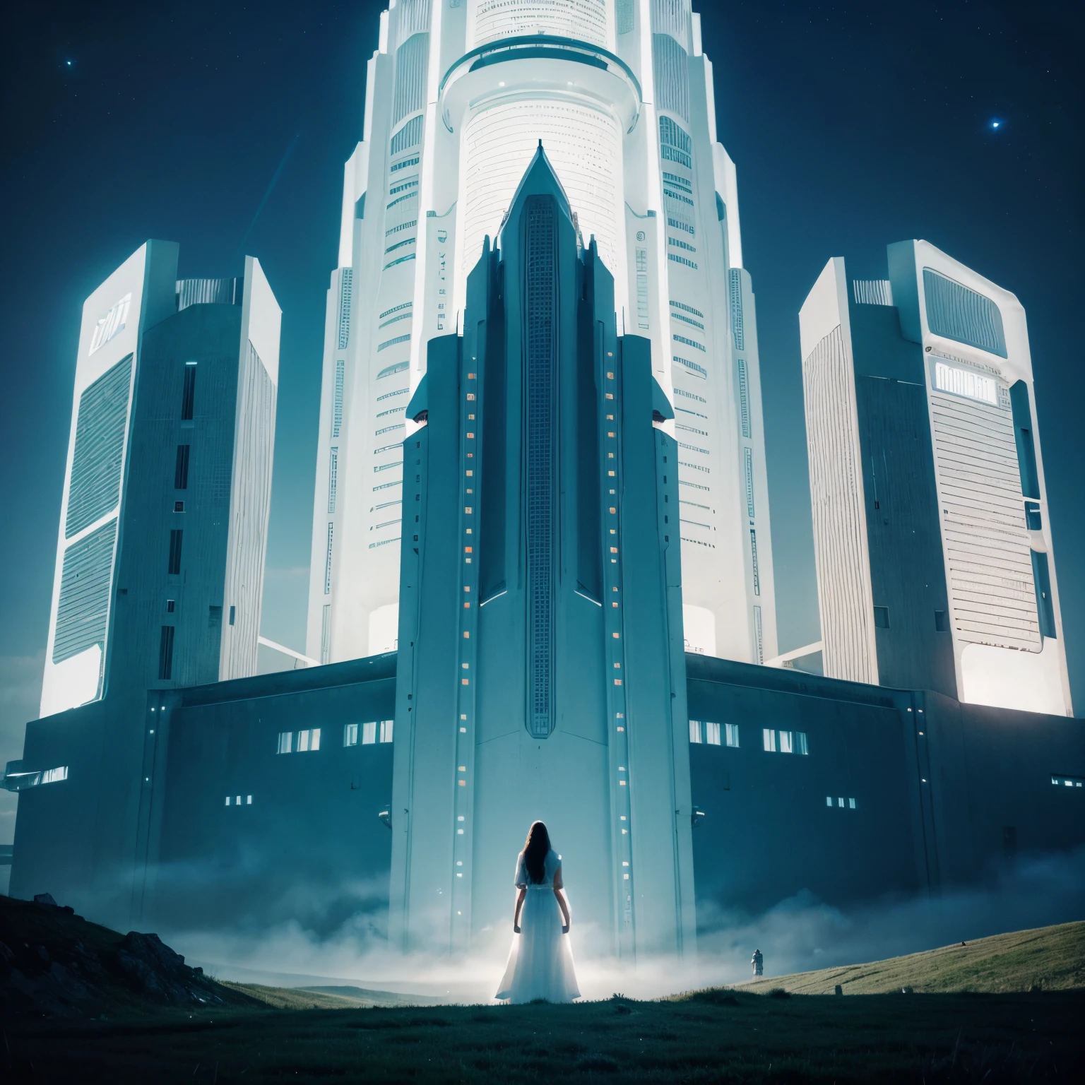 (best quality,highres),A woman in a white dress standing on a hill,illustration style, back view, a modern futuristic castle in the distance, with a detailed sky, illuminated by neon lights. The sky reveals a small planet, giving the scene a sci-fi movie atmosphere.
