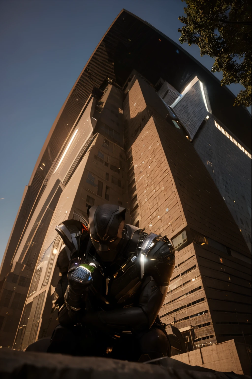 "Transform the image into the technologically advanced city of Wakanda, infused with Afrofuturism aesthetics and cutting-edge technology. Envision a cityscape adorned with sleek, futuristic architecture and advanced gadgets, showcasing the vibrant essence of Wakanda's innovation. Populate the skies with futuristic spaceships soaring above the city, adding a sense of grandeur and advancement. At the ground level, feature the iconic Black Panther superhero amidst the cityscape, exuding strength and grace. Utilize cinematic dynamic lighting to highlight the contrast between the high-tech cityscape and the heroic presence of Black Panther, casting dramatic lights and shadows to create an awe-inspiring scene that embodies the essence of Wakanda's futurism and heroism."