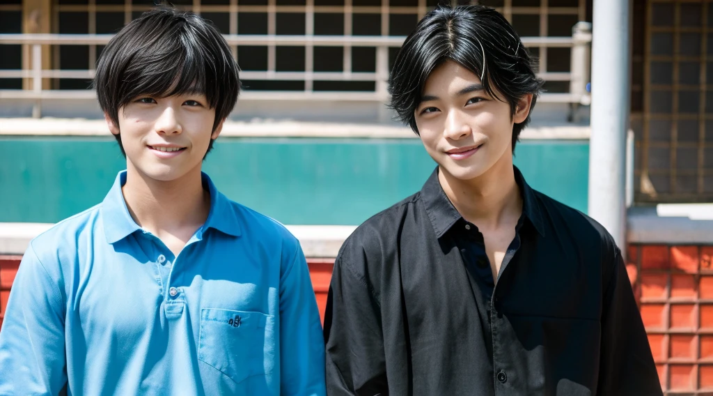 20 years old, two men, Japanese, wearing shirts, black hair, big smiling, teeth showing, eyes wide