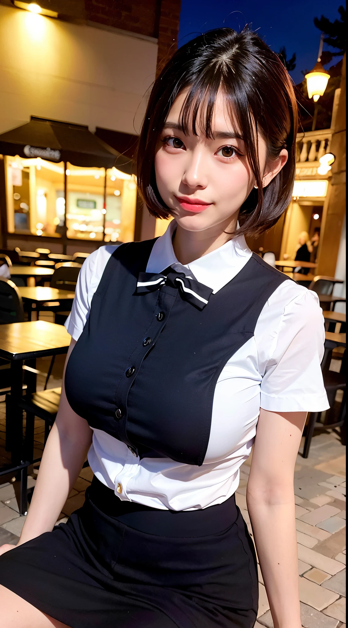 (highest quality,masterpiece:1.3,ultra high resolution,),(Super detailed,caustics),(Photoreal:1.4,RAW shooting,)ultra-realistic capture,very detailed,High resolution 16K human skin close-up。 natural skin texture、,The pores are、、、Must be detailed enough to be easily identified。 Skin should look even-toned and healthy。 Use natural light and color,restaurant,waitress uniform,1 girl,Japanese,18-year-old,cute,black haired,ponytail,big breasts,smile,turn your body forward,(Front view:1.1),look at the camera,cowboy shot,