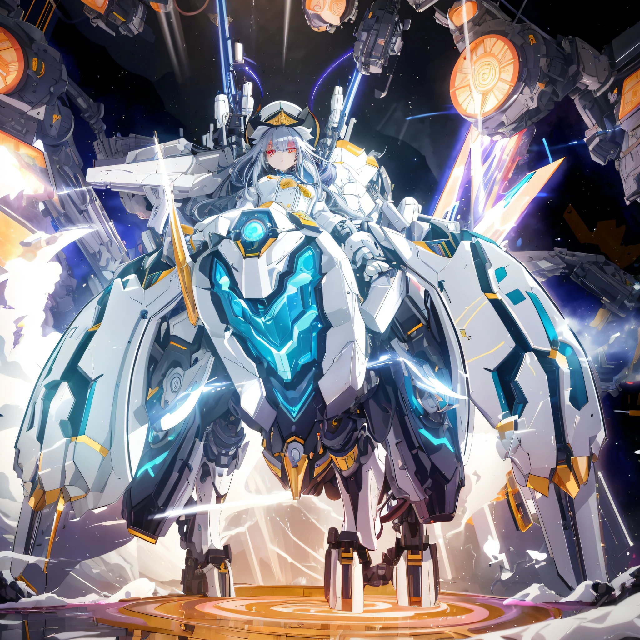 tmasterpiece,Best quality at best,ultra - detailed,very detailed illustration,The content is very detailed,Complicated details,A high resolution,super complex detail,Extremely detailed 8k CG wallpaper,cow boy shooting, Caustics,reflector,Ray traching,Demon Theme,Starcloud,darkness aura,cyber effect, (1 plump girl:1.4),Alone,Alone,mecha girl,mechanicalparts, robotjoints,single mechanical arm, Hats, Mechanical Aura,star halo,Complete sets of complex machinery, mecha corset, Common, Straight A'S, Very long hair, hair between eye, Hair color, Colored inner hair, red eyes,glowing light eyes,line of sight, Random expression,Random actions, ancient japanese architecture,ponds, starrysky,skylines,