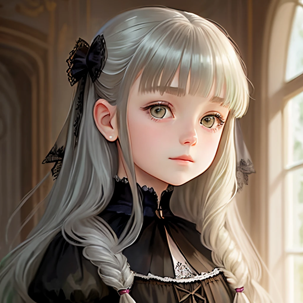 Silver long hair　gothic lorita　Green eyes　 girl　Lori　a beauty girl　Best Quality　The background is a mansion　bangs fall naturally　Illustrator　Dignified face　Anime style