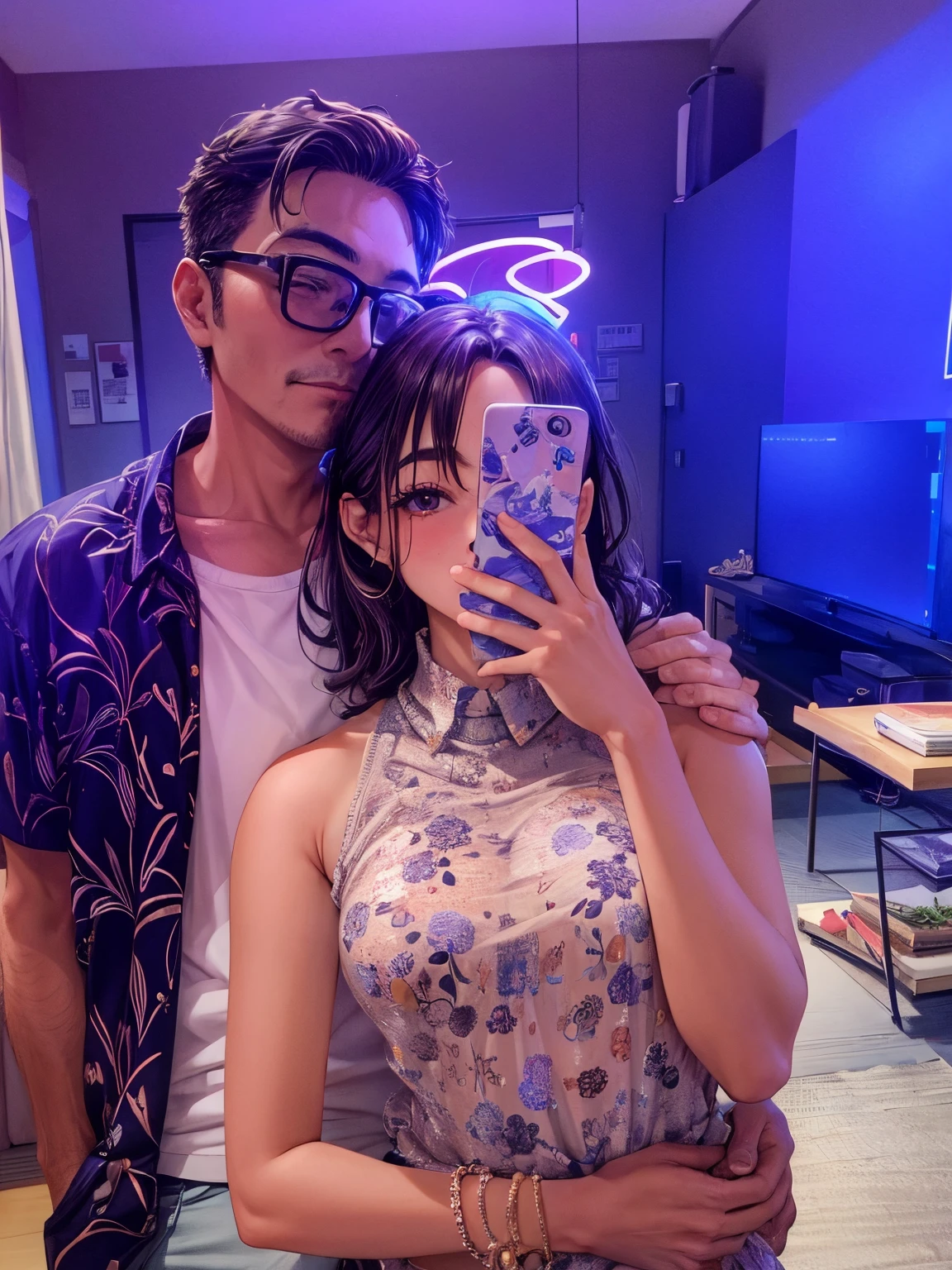 couple、Age late 20s、The man looks at her sideways、He has a cheek stick、Woman looking forward、The living room serves as a backdrop