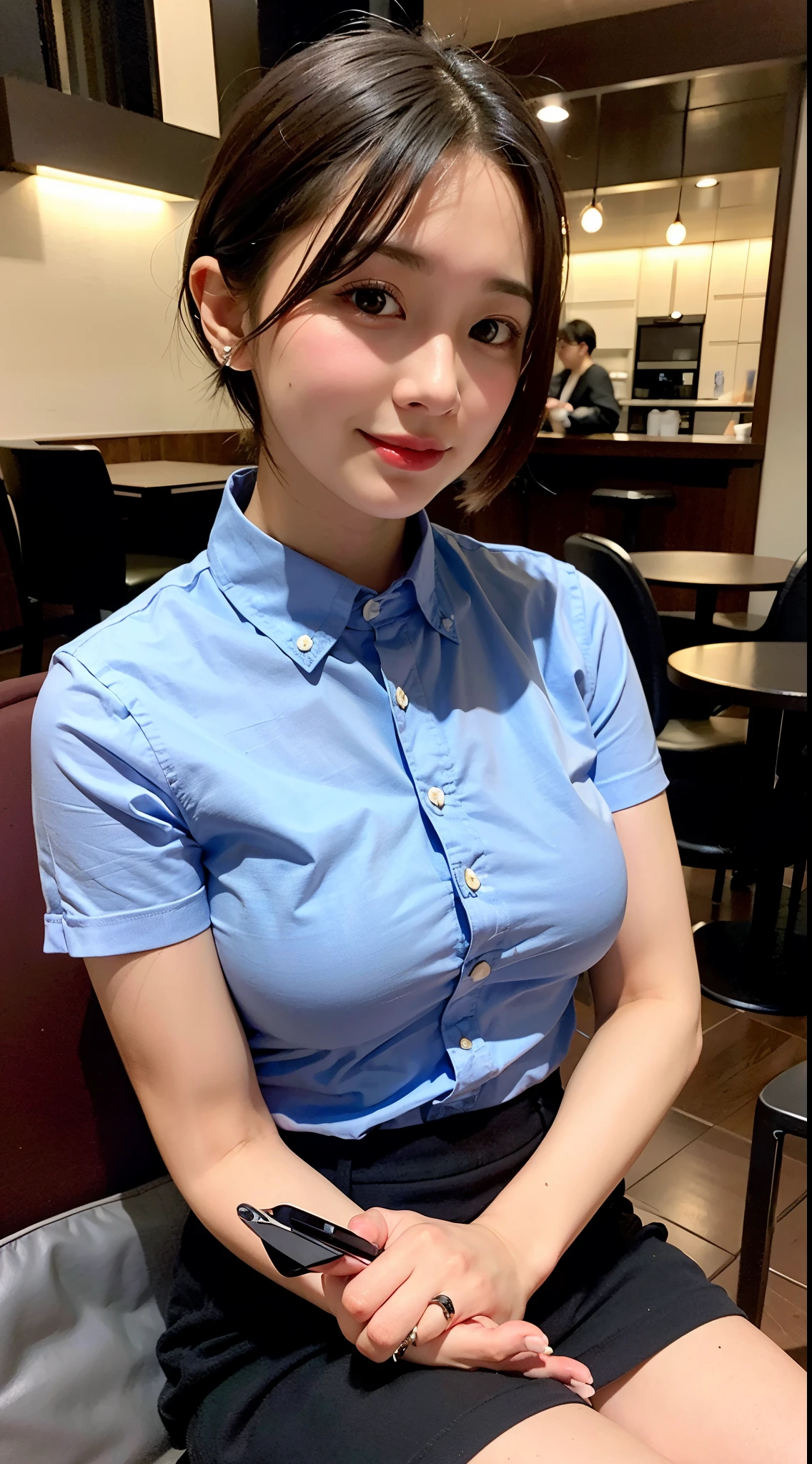 Korean school uniform, school uniform shirt, ribbon, skirt, bright brown hair, school poolside, poolside bench, 8K RAW photo, high resolution, 16 year old cute korean, big round breasts, beautiful eyes in detail, long eyelashes, beautiful double eyelids, slit eyes, elongated eye shape, sanpaku eyes, duck mouth, evil smile, evil look, beautiful very thin legs, beautiful very thin thighs, random short hair, hair tied behind the head, earrings, necklaces,