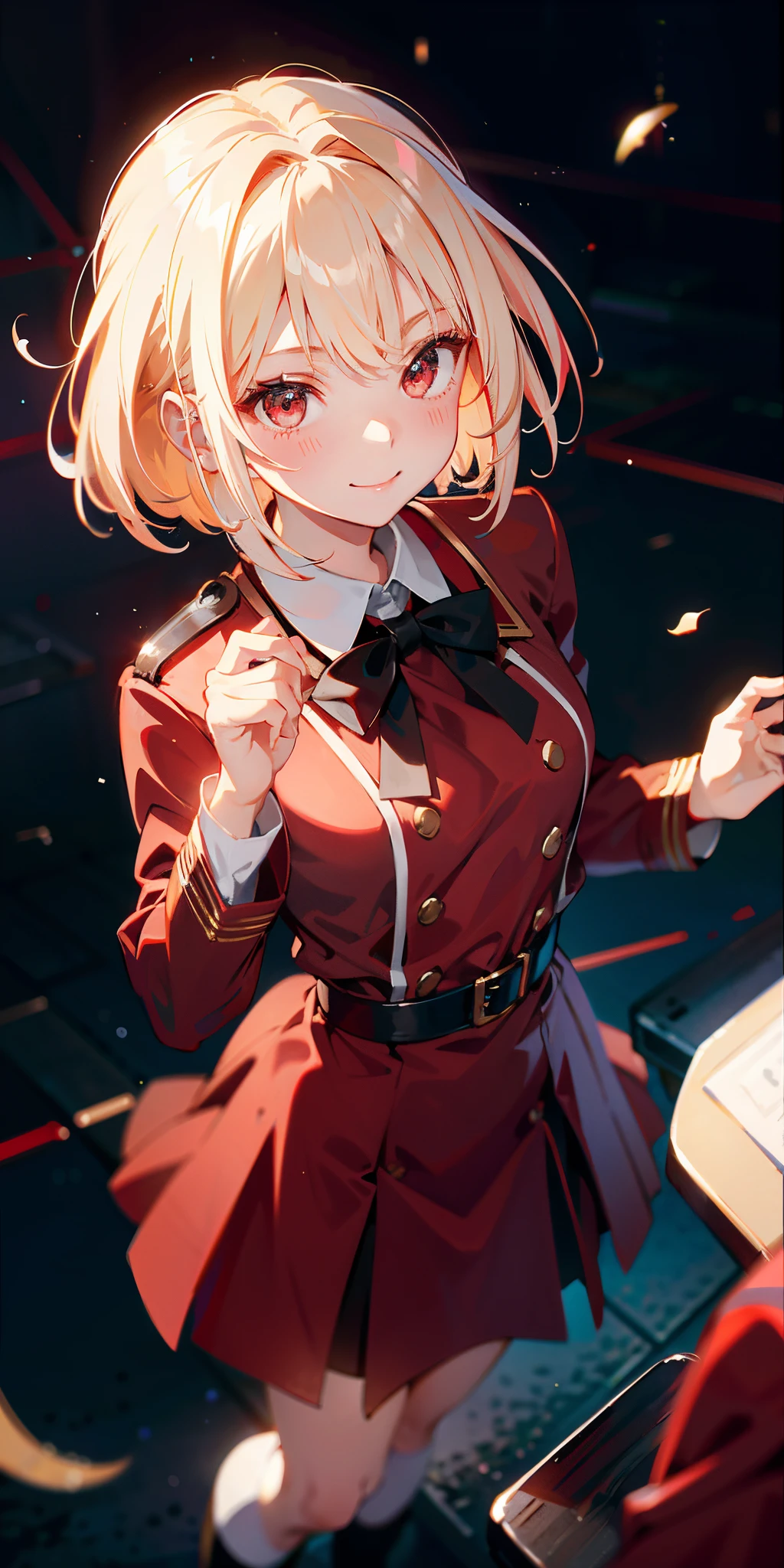 女の子 1 人、red school uniform、From  above、kosmos、Planktonic、platinum-blonde,Medium Hair,red eyes、A smile、Laugh