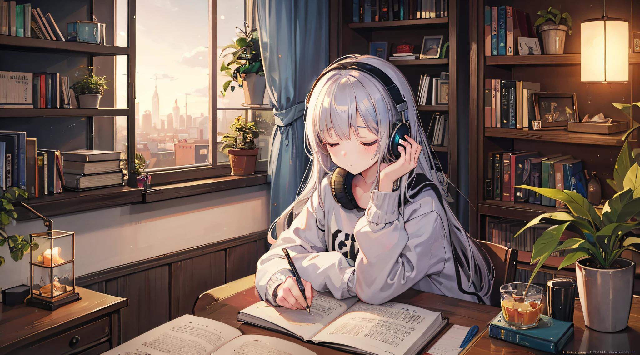 Illustration, Young Girl, headphones, Writing, apples, Cozy room, during night, Cityscape, Wooden table, potted plant, sleeping cat, Books, window, bookshelf, Synth Wave.silber hair,