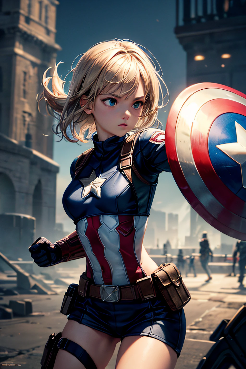 girl, captain america costume, wielding a shield, combat stance, highly detailed, vibrant appearance, creative behavior, imaginative, sensual, spontaneous, small breasts, sexi, highest quality, skin texture, intricate details, (cinematic lighting), RAW photo, 8k, masterpiece,best quality,ultra-detailed,very detailed illustrations,extremely detailed,intricate details,highres,super complex details,extremely detailed 8k cg wallpaper,