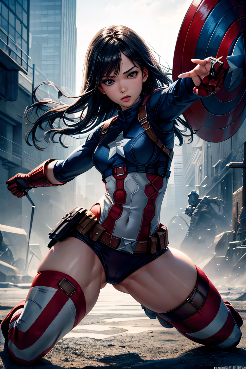 girl, captain america sexi costume,  combat stance, highly detailed, vibrant appearance, creative behavior, imaginative, sensual, spontaneous, small breasts, sexi, highest quality, skin texture, intricate details, (cinematic lighting), RAW photo, 8k, masterpiece,best quality,ultra-detailed,very detailed illustrations,extremely detailed,intricate details,highres,super complex details,extremely detailed 8k cg wallpaper,