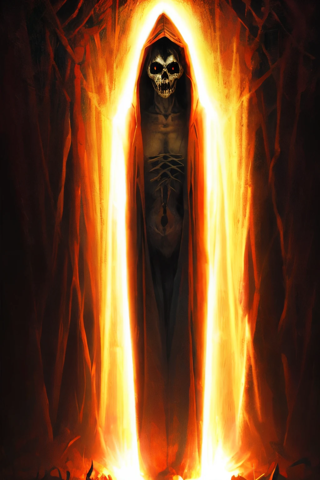 pale woman, hooded black robe, standing in Hell, dark, facing viewer, cold gaze, flaming halo, dim light, goddess of death, high quality, perfect detail, masterpiece, ultra-detailed, realistic:1.37, haunting, ominous, ethereal, otherworldly, transcendent, powerful presence, sinister beauty, stark contrast, sharp focus, sublime scenery, macabre atmosphere, gentle darkness, vivid colors, majestic, imposing stature, death, captivating, mythical, grandeur, dramatic lighting, pure white skin, piercing eyes, mesmerizing, deathly stillness