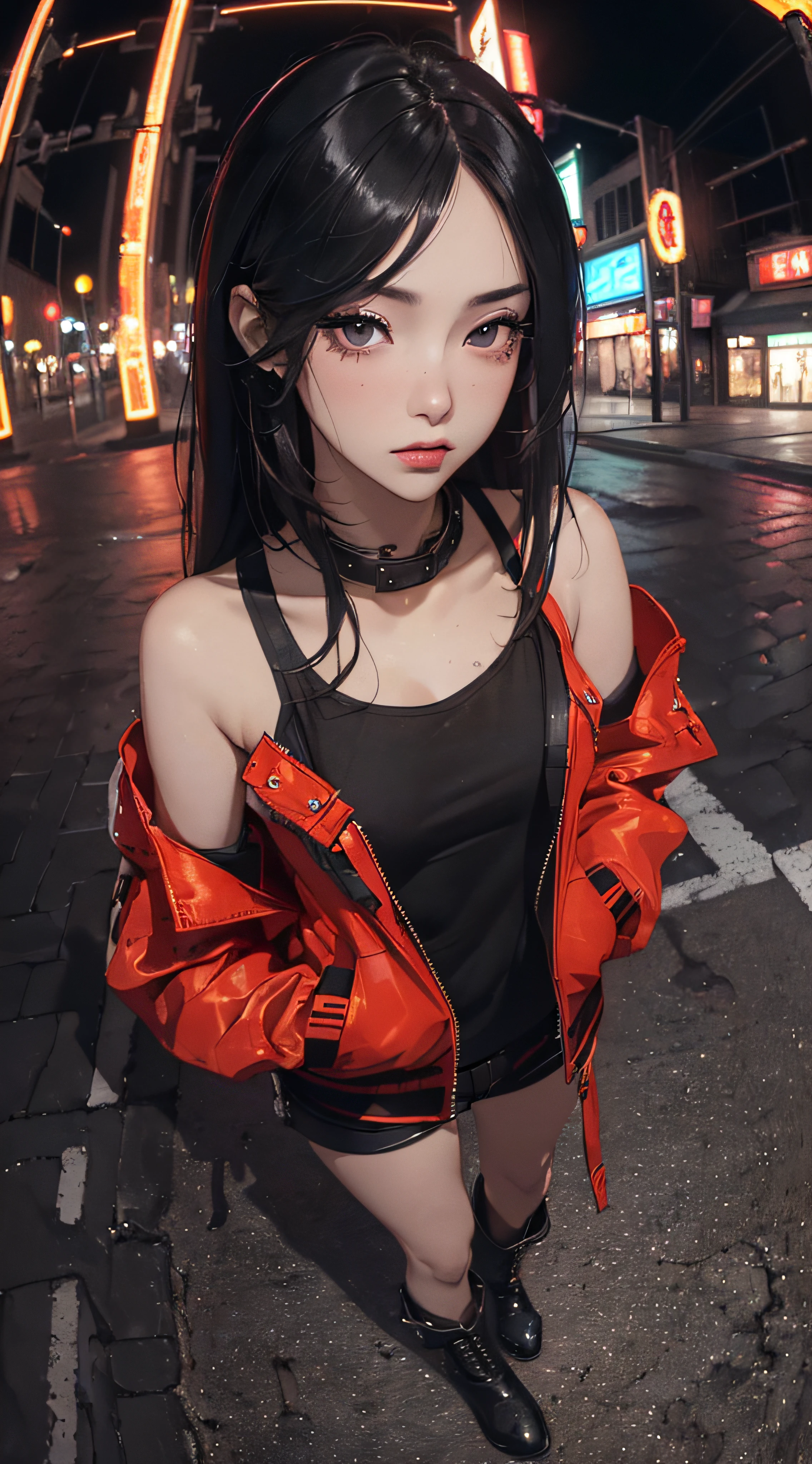 (((8k wallpaper of extremely detailed CG unit:1.2, masterpiece, hight resolution:1.2, top-quality:1.2, masutepiece))), ((a very beautiful woman, Hands in pockets:1.8, Street fashion:1.2, wearing a colorful jacket:1.2, Wearing boots)), ((extra detailed face, Highly detailed black eyes, extra detailed body, Top quality real texture skins)), (Red Straight Hair:1.4, de pele branca, exposed shoulder), ((Empty alley, Mileland. natta, Neon Street)), (high-angle, a closeup, Fisheye:1.3), hyper realisitic, digitial painting,