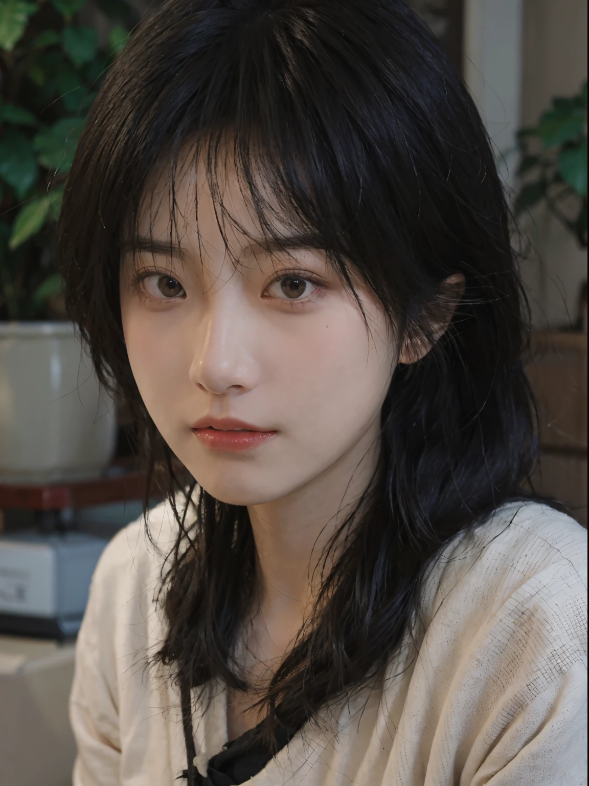 Best quality， 超高分辨率， （realistically：1.4）， A woman with long black hair and a gray sweater, mid view, JK school uniform，under a ray of sunshine，She has black hair，through bangs, young lovely Korean faces, Cute Korean face, Urzans, Shin Jinying, beautiful aesthetic face, Korean facial features, Played by Liu Li Zhien ，beautiful realistic face