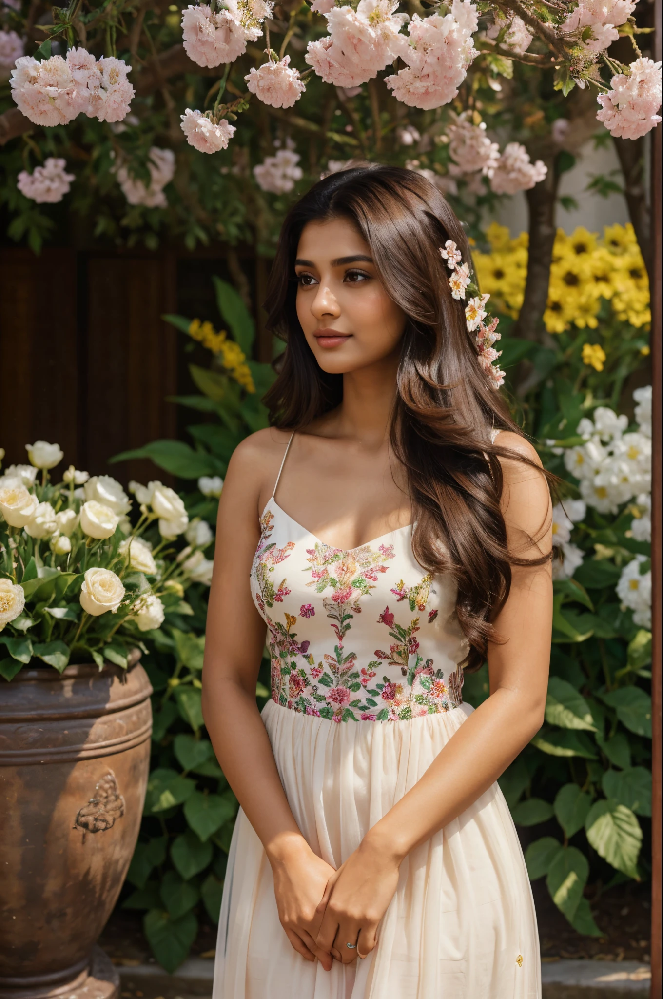 Beautiful ,23 years young girl,confident looking,8k,realistic,dark brown hair,fair skin, indian,long hair,clear facial features, wearing beautiful dress and flowers ๐ท๐น