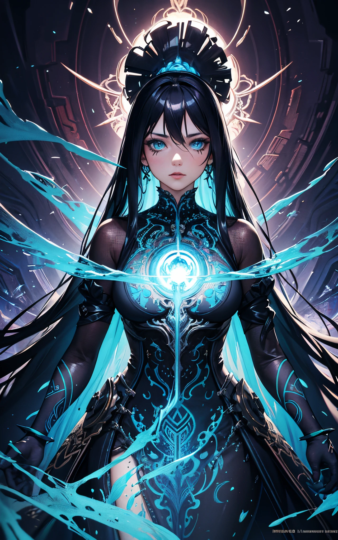 ultra-detailed artistic abstract beautiful indigenous woman with long black hair, magic with bioluminescent filigree, geometric photography, 32k fashion abstract poster, detailed symmetrical blue iris, natural body posture by artist russ mills, art by alberto seveso, by Carne Griffiths, by Wadim Kashin, symmetrical, abstract art style, sharp eyes, digital painting, burst of color, concept art , volumetric lighting, by GIlSam-paio octane rendering depicting innovation and truth, 8k, by Lee Jeffries, Alessio Albi, Adrian Kuipers, glamour, intricate detailed environment, lace, smudges , dark background, masterpiece, ornate, depth - studio Gs perfecty.